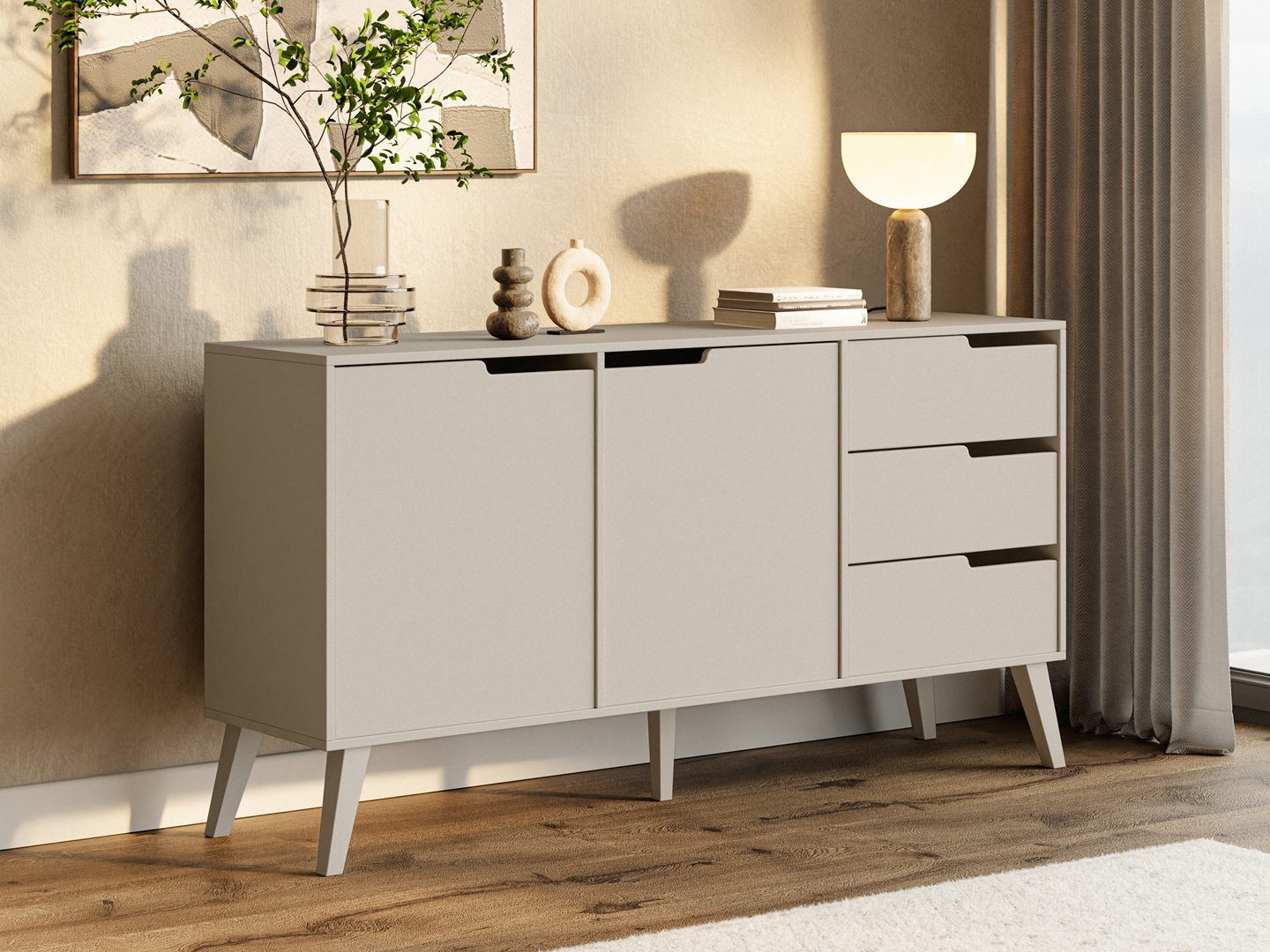 Beautysofa Kommode NOREL modernes Design mit drei Schubladen und zwei Schränken (erhältlich in Braun Walnuss & Cashmere), Breite: 160 cm – Bild 5 von 5
