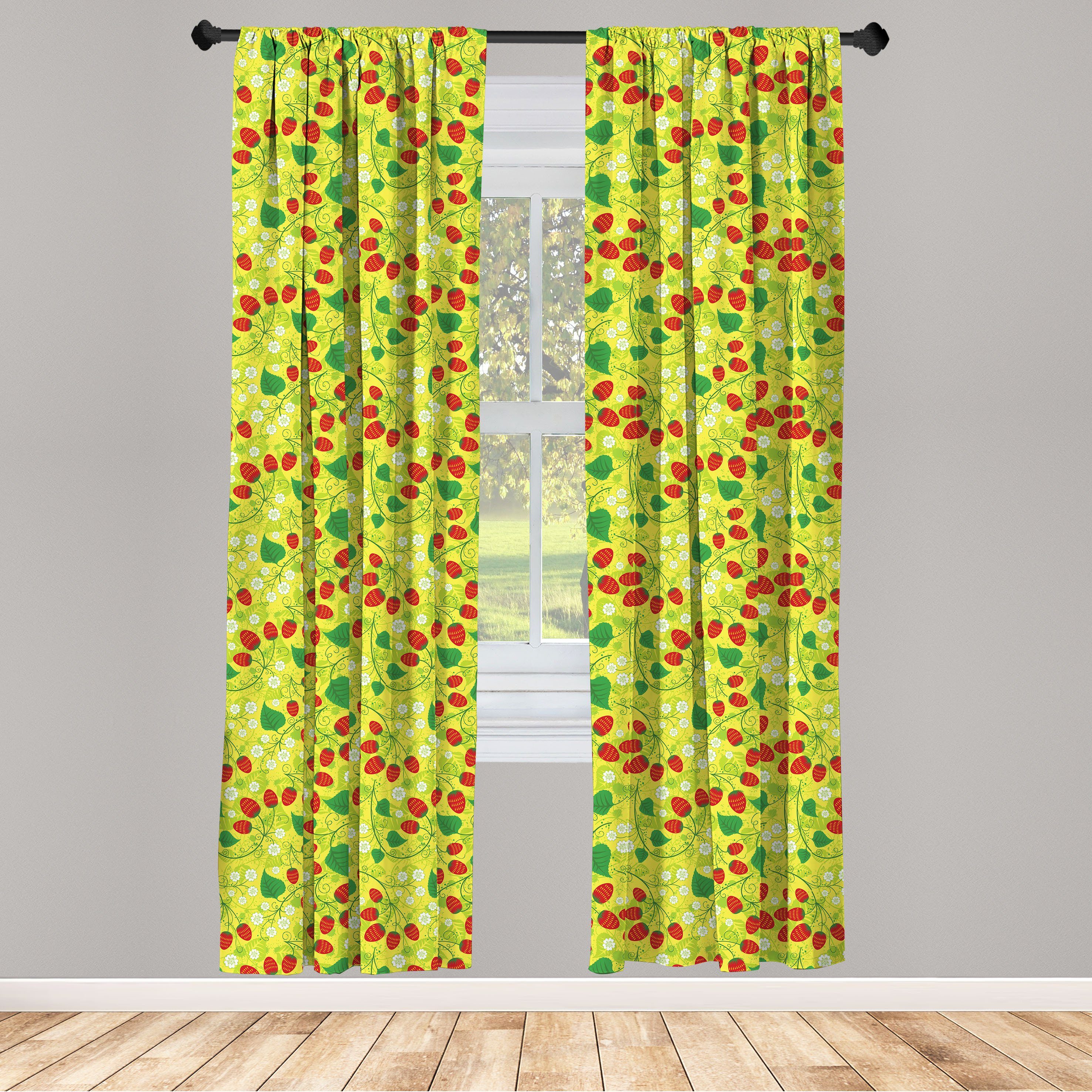 Gardine Vorhang für Wohnzimmer Schlafzimmer Dekor, Abakuhaus, Microfaser, Erdbeere Frühlings-Blumen mit Früchten