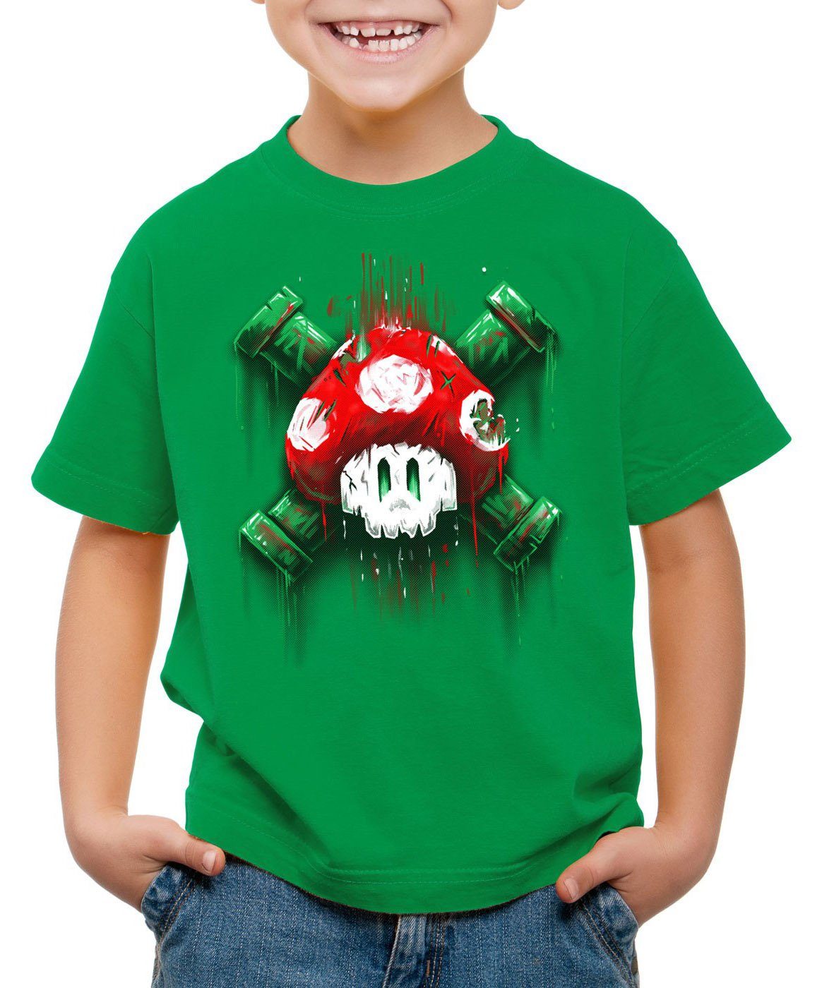 style3 Print-Shirt Kinder T-Shirt Mario Totenkopf videospiel konsole super world grün