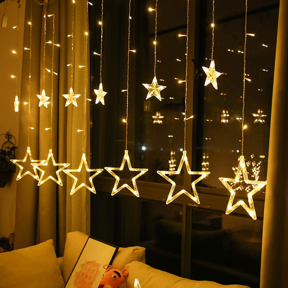 Rosnek LED-Lichtervorhang 2M, wasserdicht, Weihnachten Modi, für Fenster 8 Sterne, Deko, Warmeweiß Memory-Funktion 12