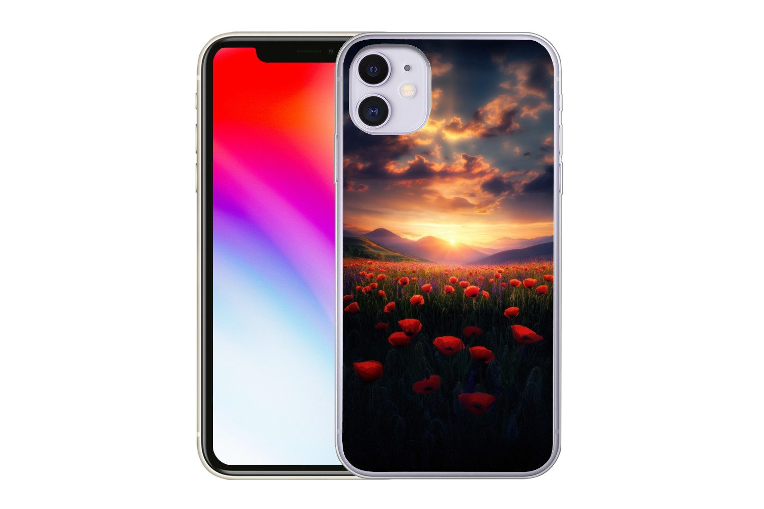 MuchoWow Handyhülle für Apple iPhone 11 Landschaft - Sonnenuntergang - Blumenfeld, Smartphone-Bumper, Print, Handy Schutzhülle Dünn