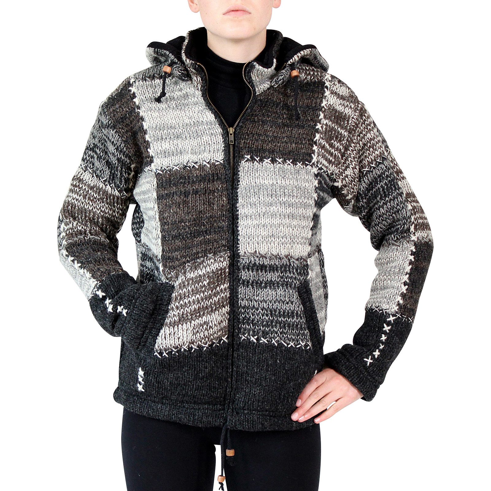 BUDDHA arts&more Wolljacke Patchwork Wolljacke aus Nepal mit abnehmbarer Kapuze abnehmbare Kapuze