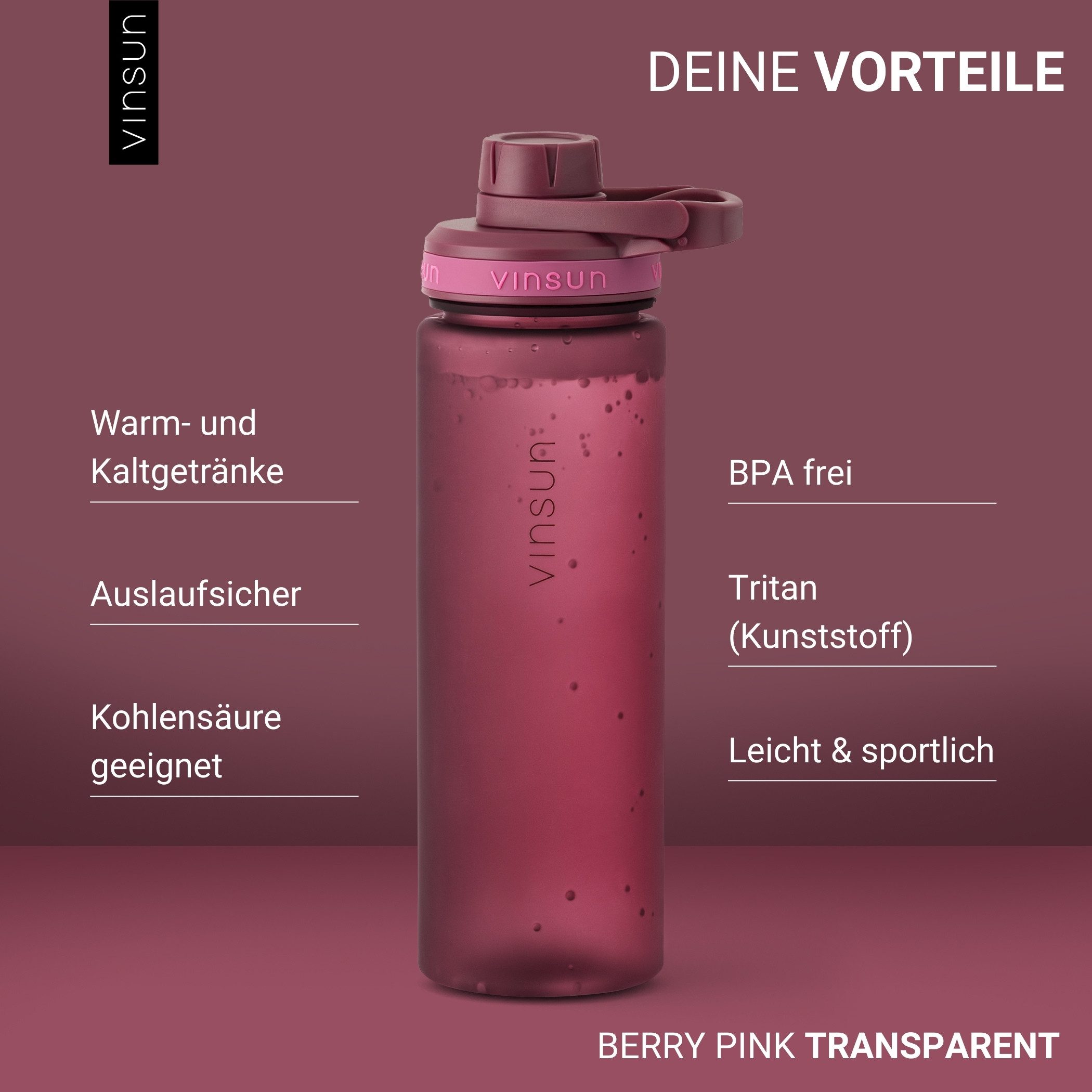 Vinsun Trinkflasche Sportflasche 750ml - Wasserflasche BPA frei & Kohlensäure geeignet, Auslaufsicher, bruchsicher, wiederverwendbar, leicht, Tritan Flasche