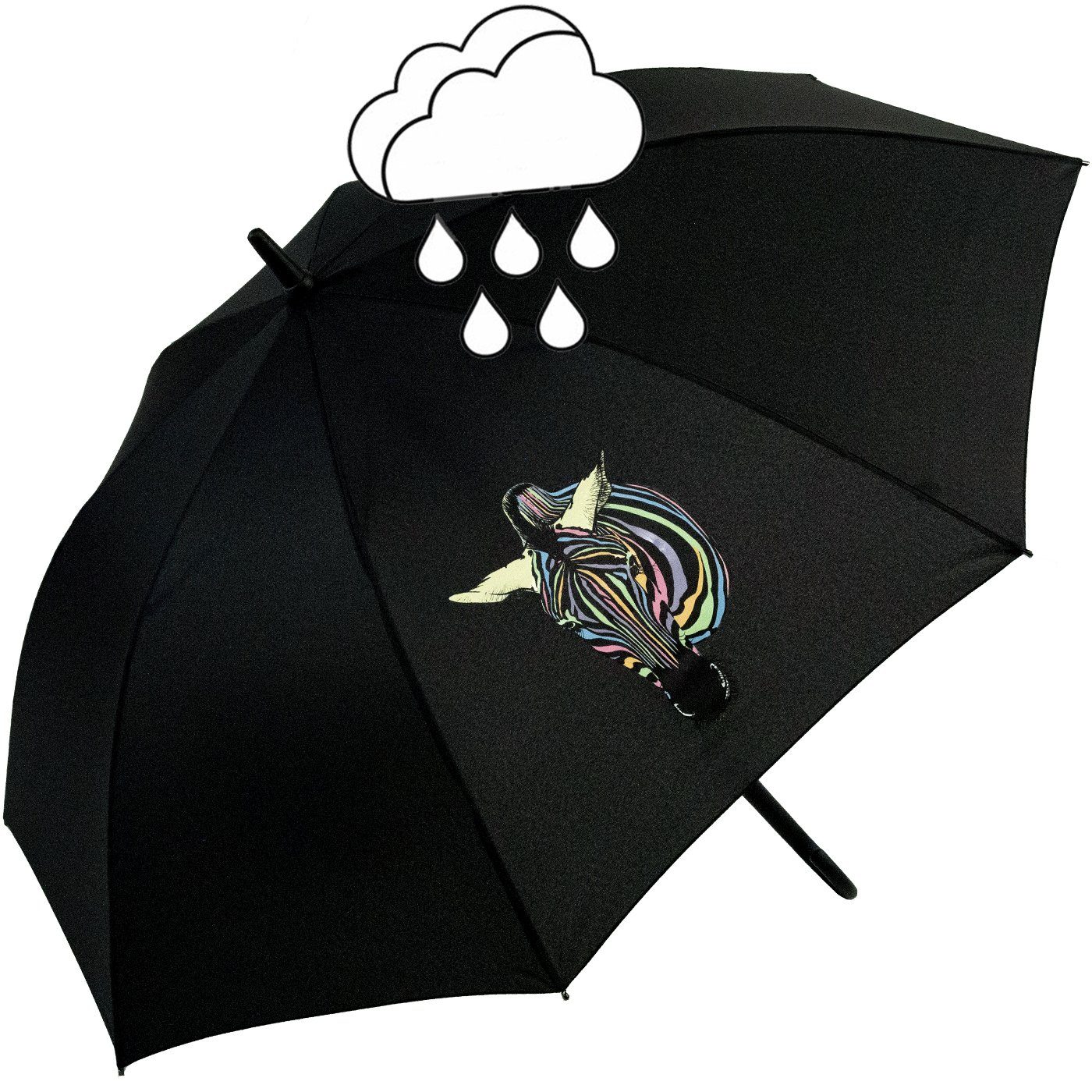 Impliva Stockregenschirm Damen-Regenschirm mit Auf-Automatik und Wow-Effekt, Wetprint Farbwechsel bei Nässe - Zebra