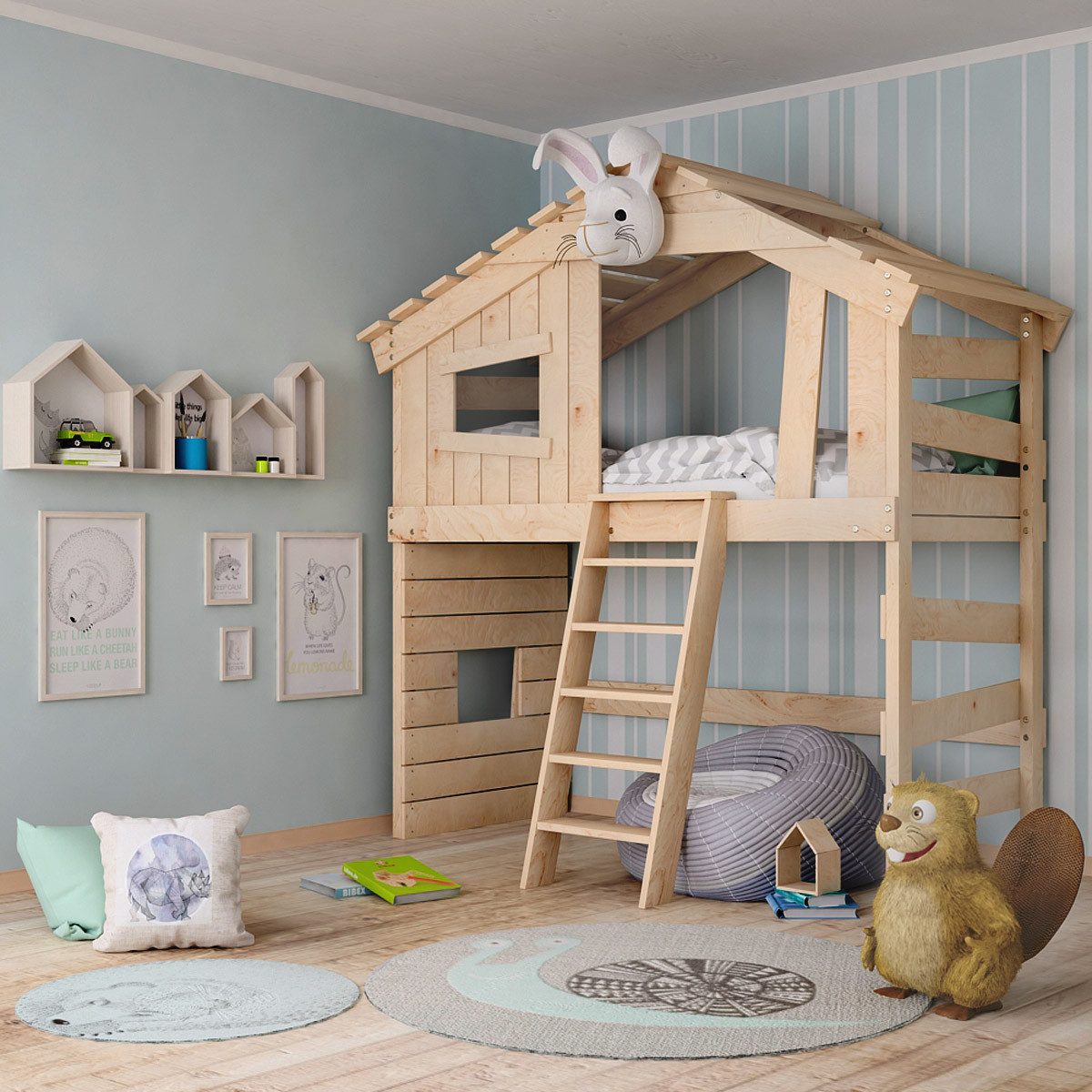bibex Hochbett ALPIN CHALET Hochbett, Kinderbett, Etagenbett, Hausbett - natur 90x200