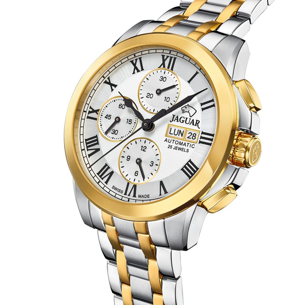 Jaguar Automatikuhr Chronograph J1001/1, Swiss Made, Bicolor-Design, Edelstahlband, 45 mm, hochwertiges Automatikuhrwerk mit Chronographenfunktion
