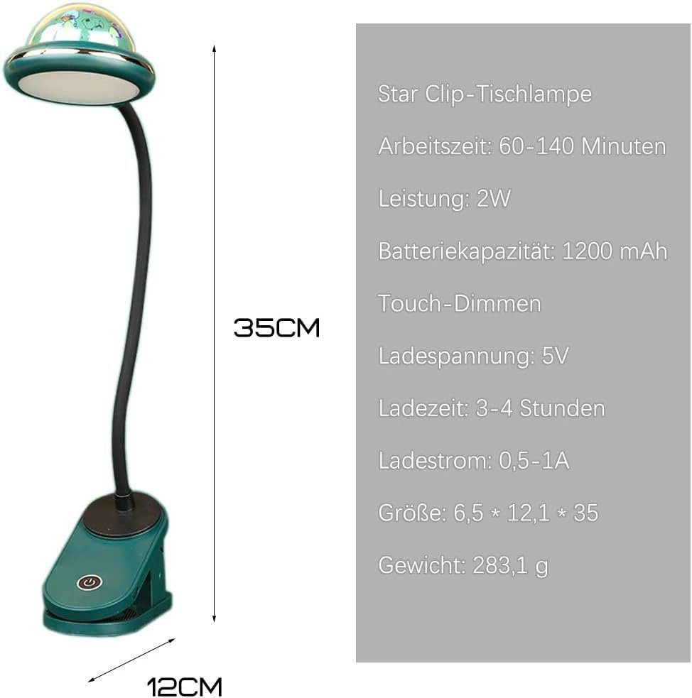 DOPWii Grün Klemmleuchte,Schwanenhals Nachttischlampe Bettlampe,Stern-Tischlampe,1200mAh,Leselampe