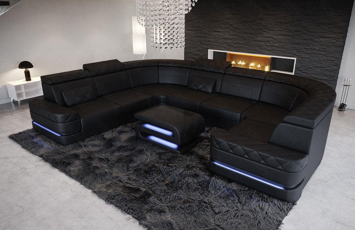 Sofa Wohnlandschaft Sofa Leder Couch Form Positano Dreams LED, Ledersofa mit Stauraum, U Designersofa mit Ledercouch,