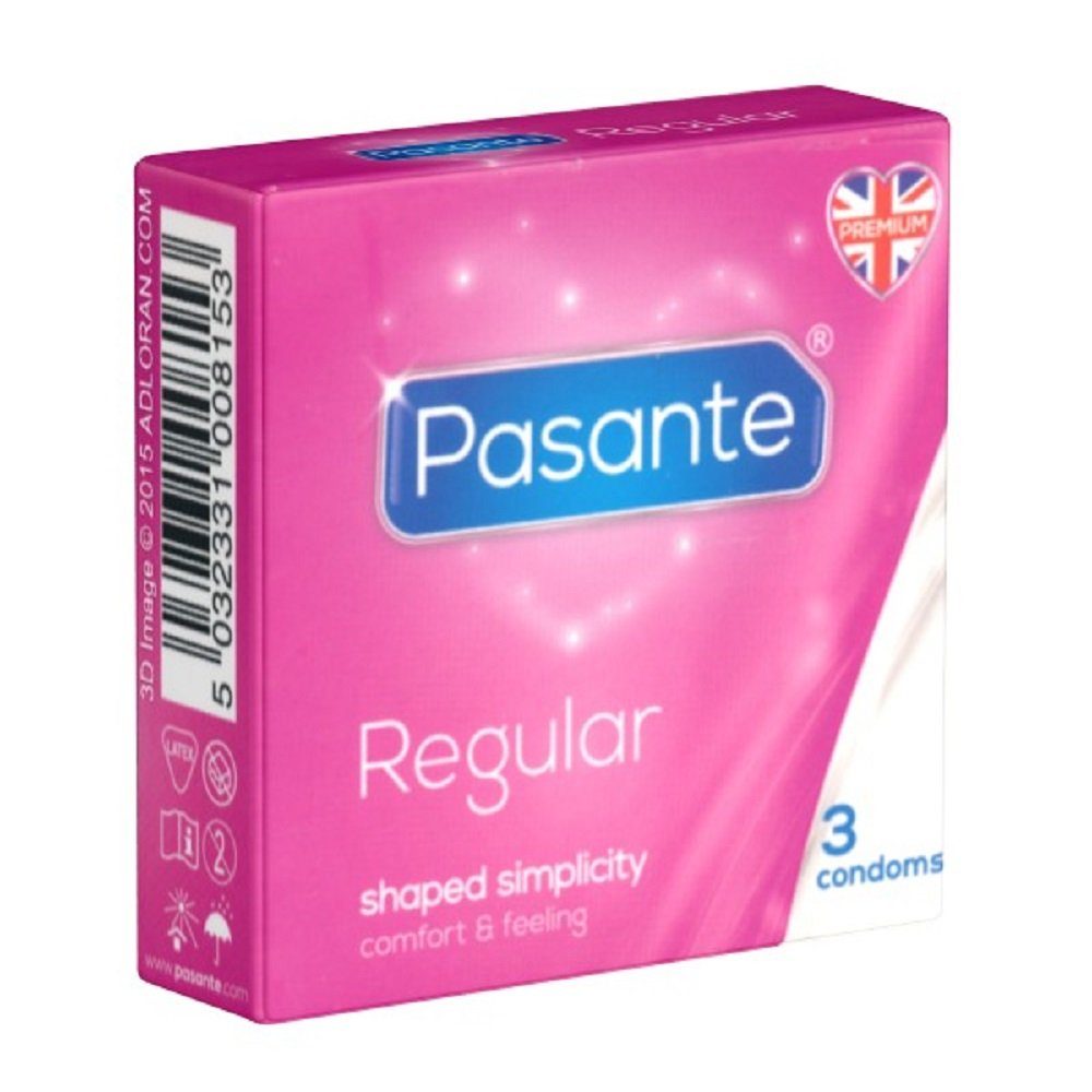 Pasante Kondome Pasante «Regular» anatomische Kondome mit besonders großem Kopfteil Packung mit, 3 St., Standardkondome mit Comfort-Form, mehr Freiraum für IHN