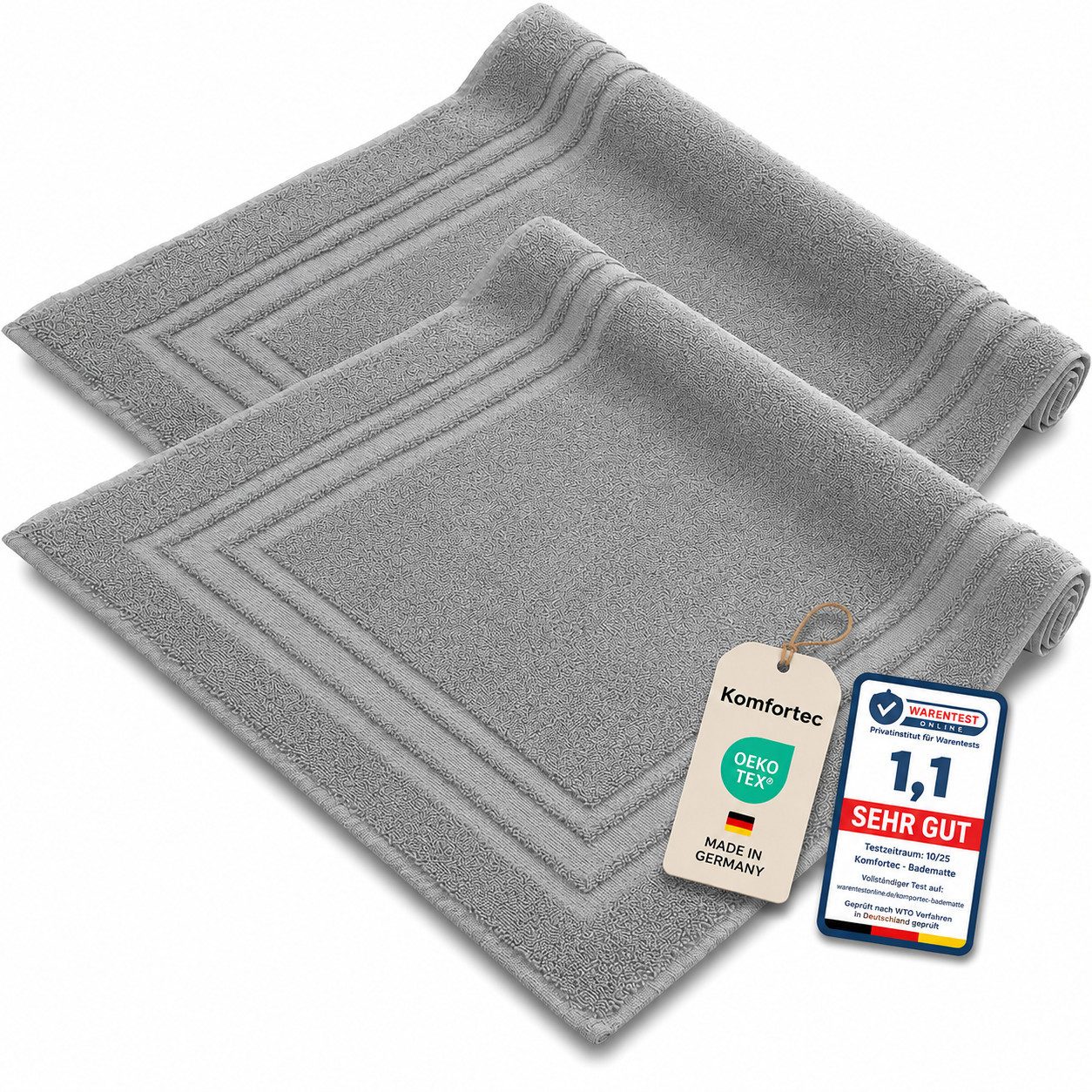 Komfortec Badematte 2er Badetuch Set aus 100% Baumwolle 50x70 cm Extra Weich & Saugstark, Rechteckig, 600 g/m²