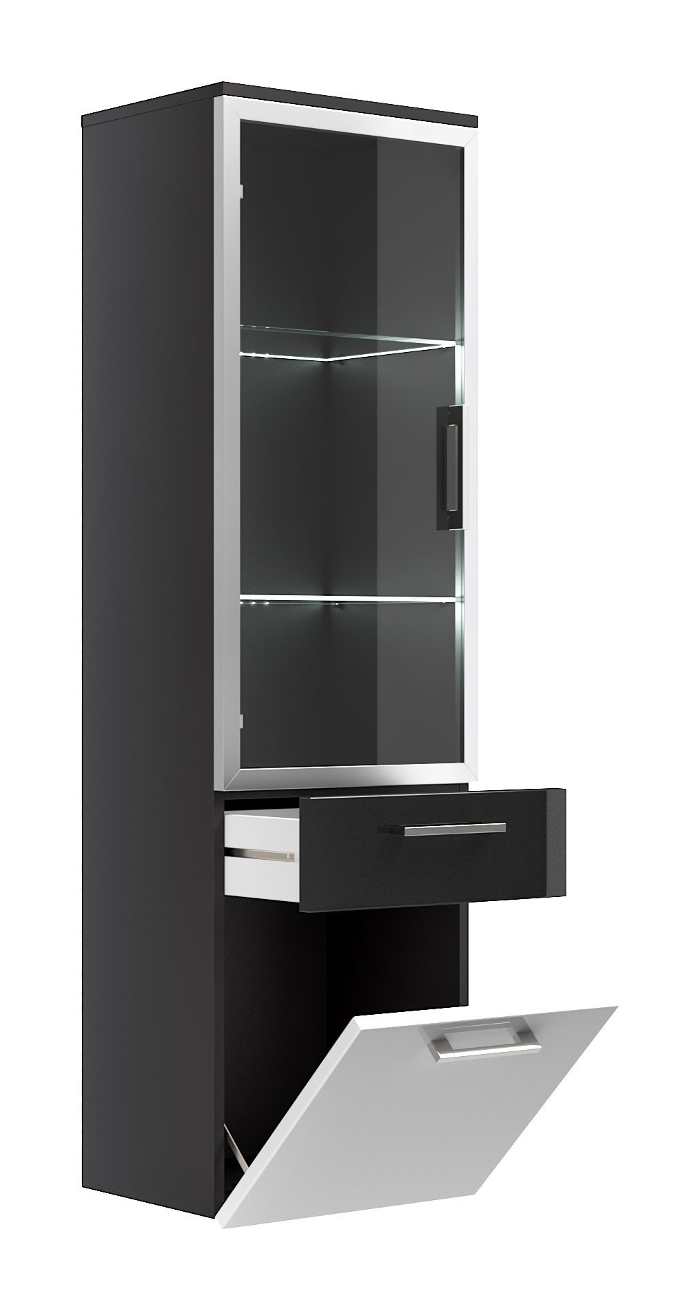 Magnolia Home Badmöbel-Set Hochschrank Rima 135 cm mit Glastür Weiss hochglanz/Grafit hochglanz, Soft-Close