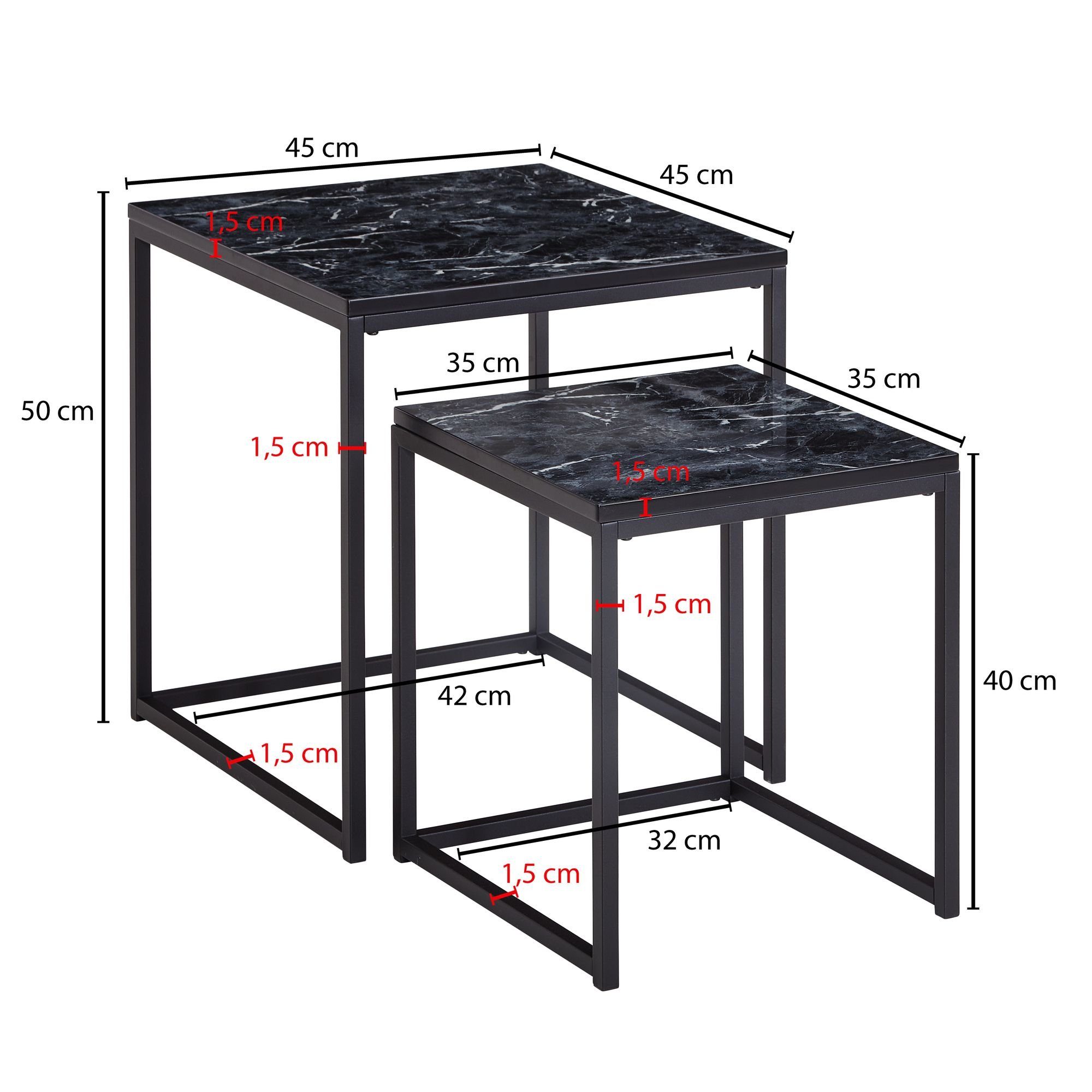 Schwarz Beistelltisch Moderne Metall, Kleine Optik 2-teilig Beistelltisch Tischgestell Schwarz Design 2er Satztische Couchtisch Design Set 2er Satztisch Eckig, Marmor Marmor Optik, Quadratisch Set Wohnzimmertische, möbelando