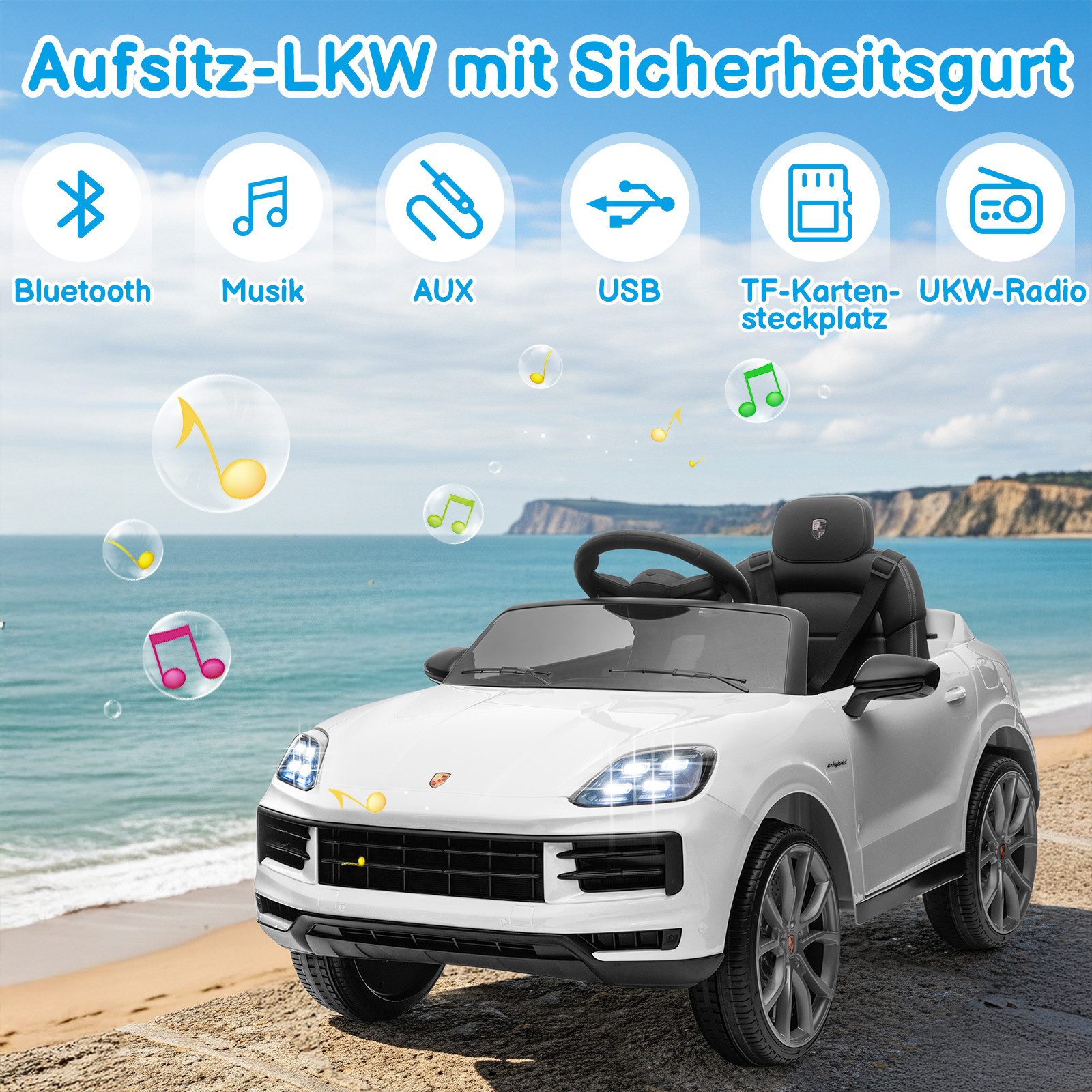 LALAHO Elektro-Kinderauto Kinder Elektroauto Porsche Cayenne Geländewagen Fernsteuerung, 2,4G-Fernbedienung, mit MP3, Musik, Hupe, LED-Leuchten