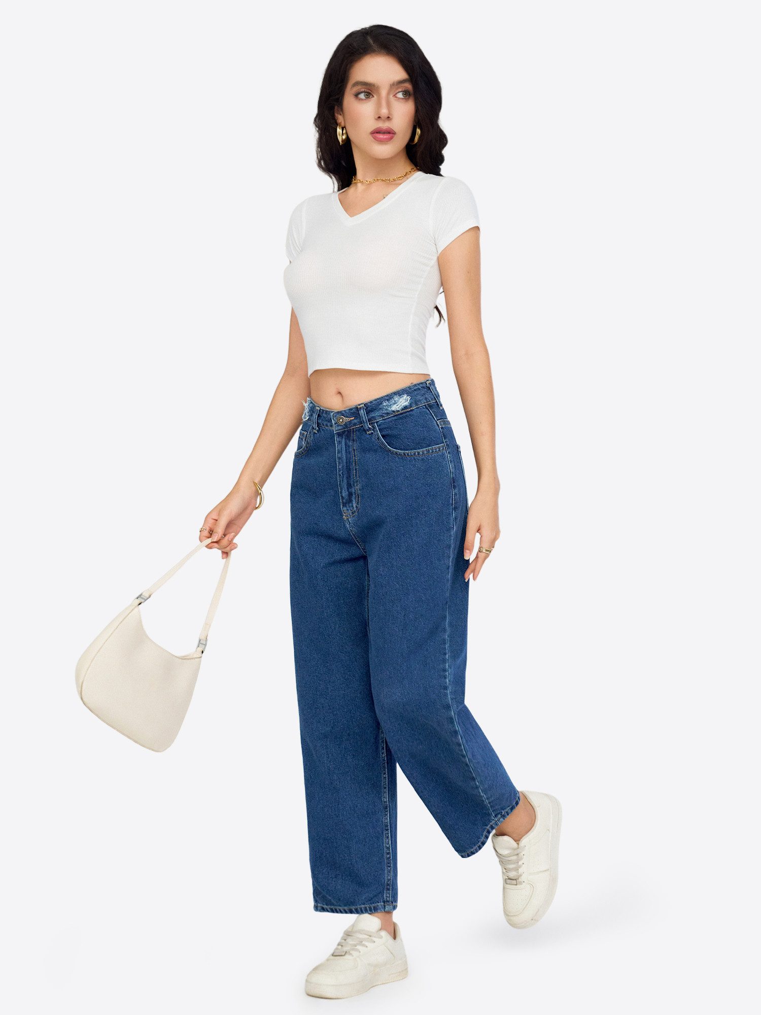 Imily Bela Mom-Jeans Damen hochtaillierte Loose-fit-Jeans mit Destroyed-Details (Packung, 1-tlg., 1per-Pack) Fünf-Taschen-Konstruktion