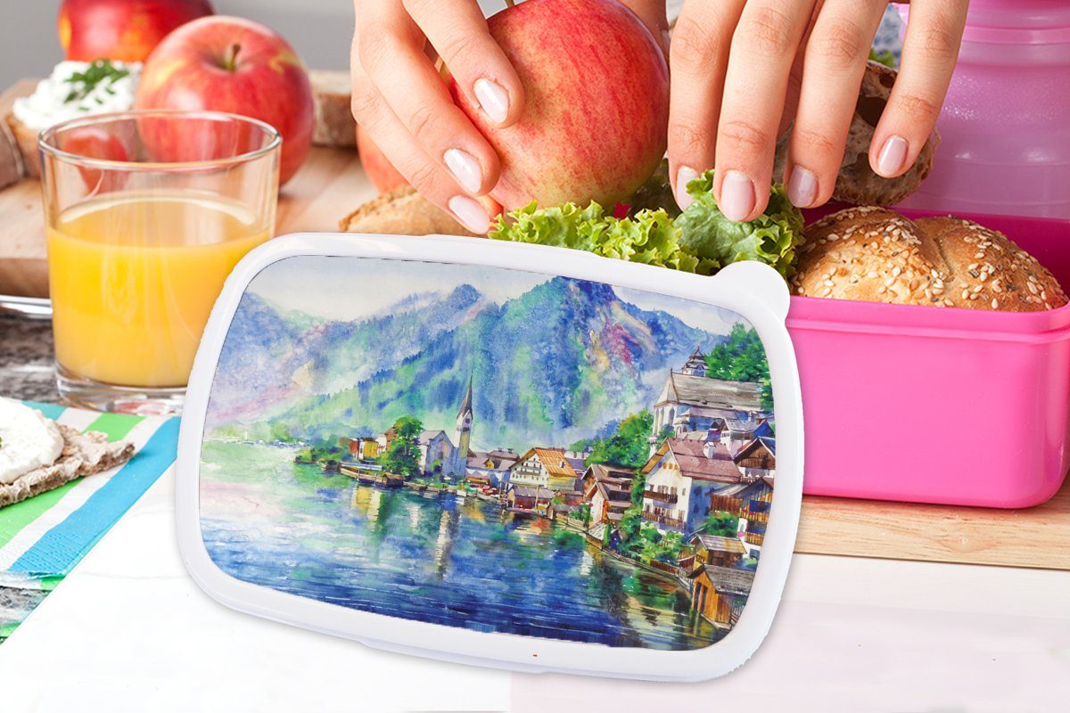 MuchoWow Lunchbox Malerei - Architektur - rosa Kinder, Snackbox, (2-tlg), - Brotbox - Brotdose Kunststoff Erwachsene, für Berge Öl, Mädchen, Wasser Kunststoff