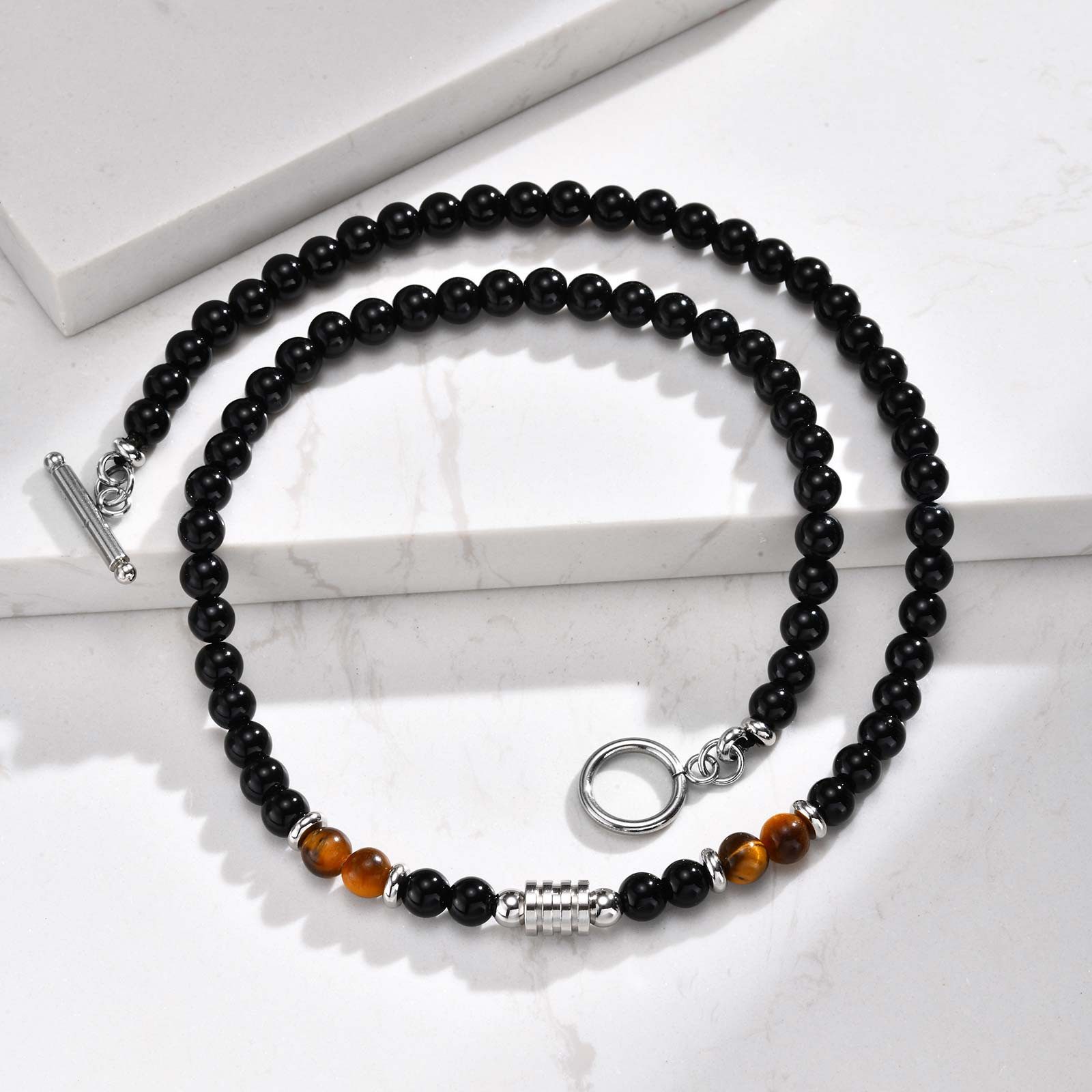 KARMA Perlenkette Schwarz Edelstahl 50 cm Perlen Tiger Eye Akzente (Geschenk für Ihn, Männer Herrenhalskette), Herren Kette Herrenschmuck