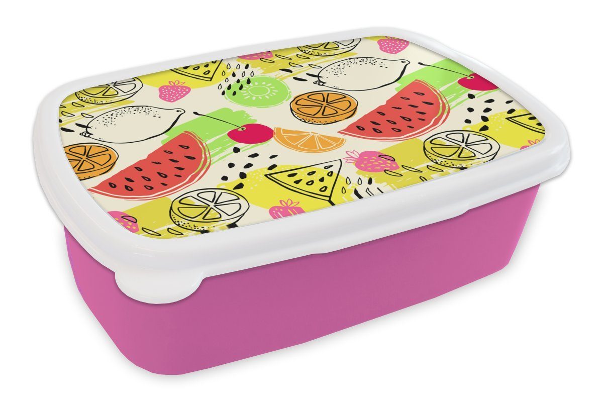 MuchoWow Lunchbox Obst - Farben - Gelb - Grün, Kunststoff, (2-tlg), Brotbox für Erwachsene, Brotdose Kinder, Snackbox, Mädchen, Kunststoff rosa