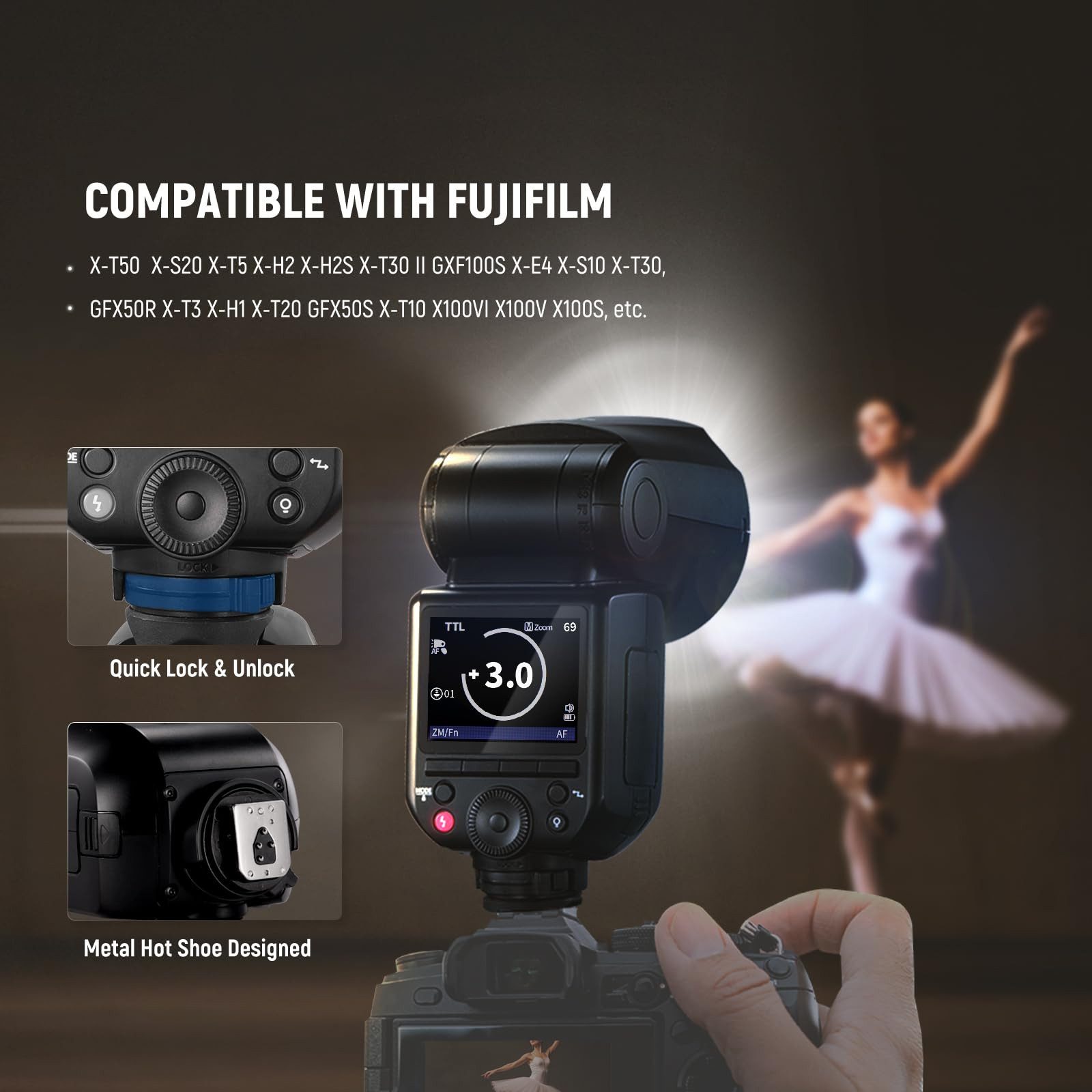 Neewer Z2PRO-F 2,4G TTL Rundkopf Blitz Speedlite für Fujifilm, 1/8000s HSS Blitzgerät, (76W, TTL/M TCM Schalter, 3000mAh, 600 Blitze mit voller Leistung)