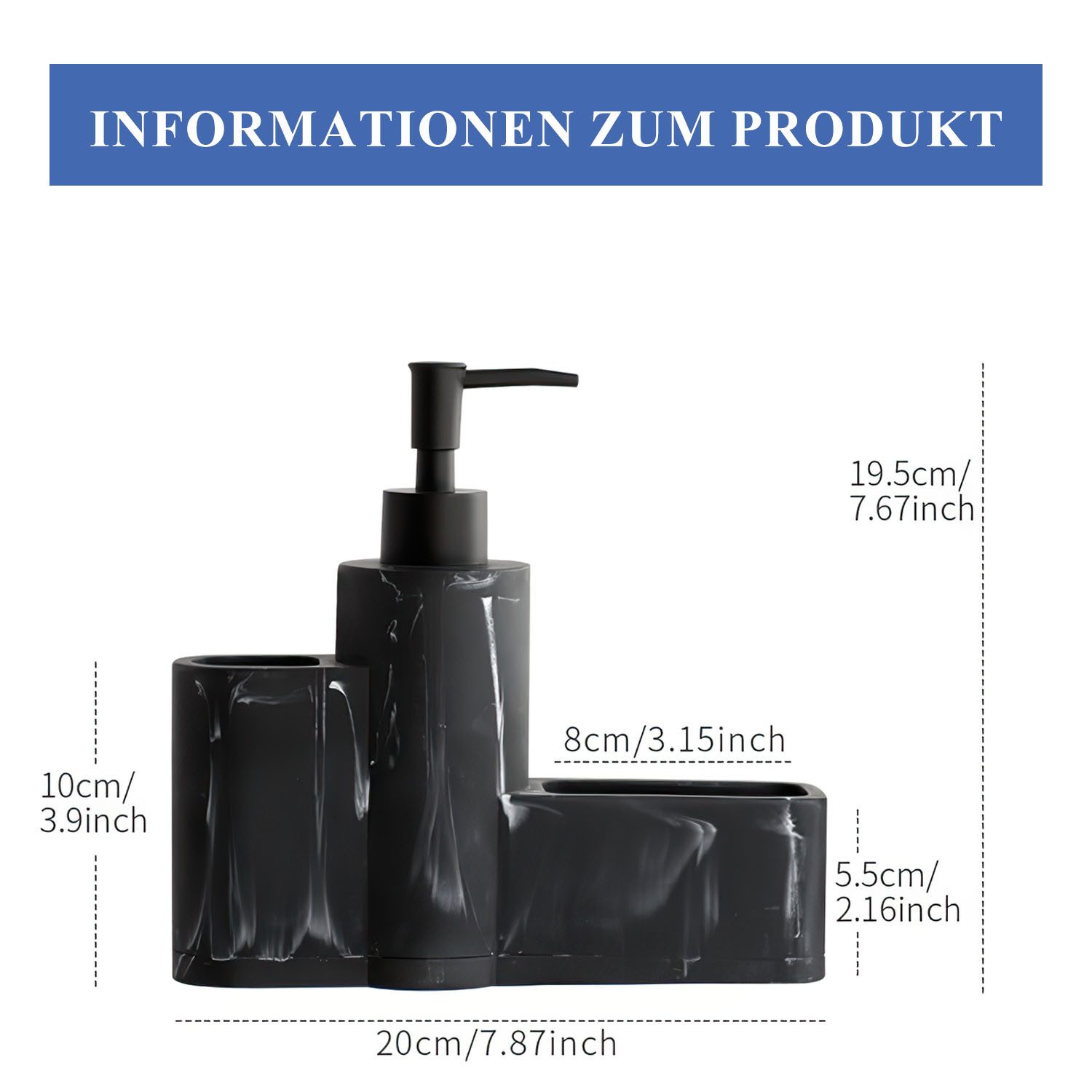 HEYHIPPO Seifenspender Küchenseifenspender,Badezimmer-Accessoire-Set, Spülbürsten-Set schwarz, (3-in-1 Spülbecken-Reinigungsset mit Bürste 20×19,5cm), Marmorstruktur Spülmittelspender,Küchenspülen-Organizer,Schwammhalter