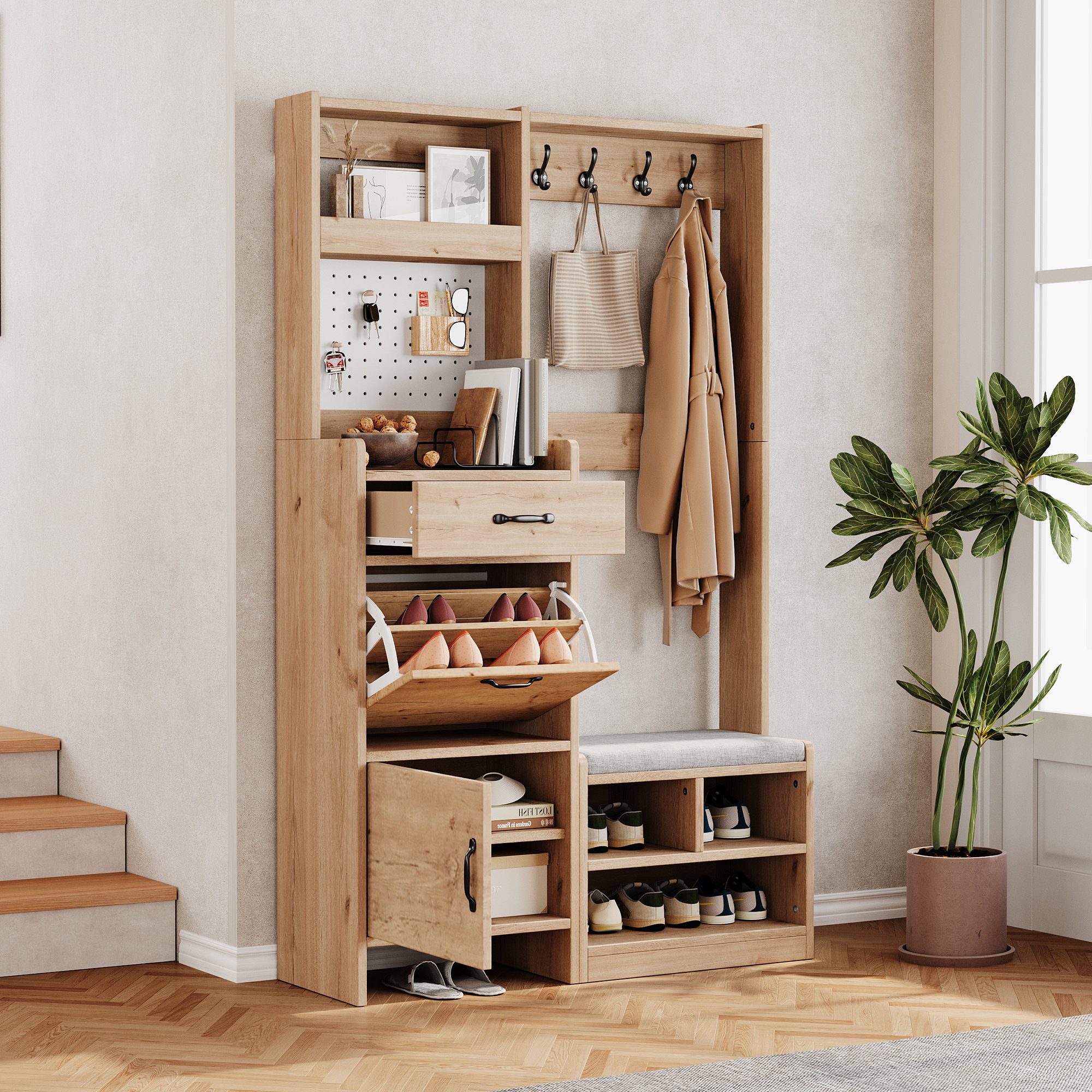 Odikalo Garderoben-Set Flurschrank Flurmöbel mit Schuhschrank und Sitzbank, (Garderobe mit Kleiderhaken 1 Schublade 1 Klappfach und 1 Schranktür sowie offenem Stauraum)