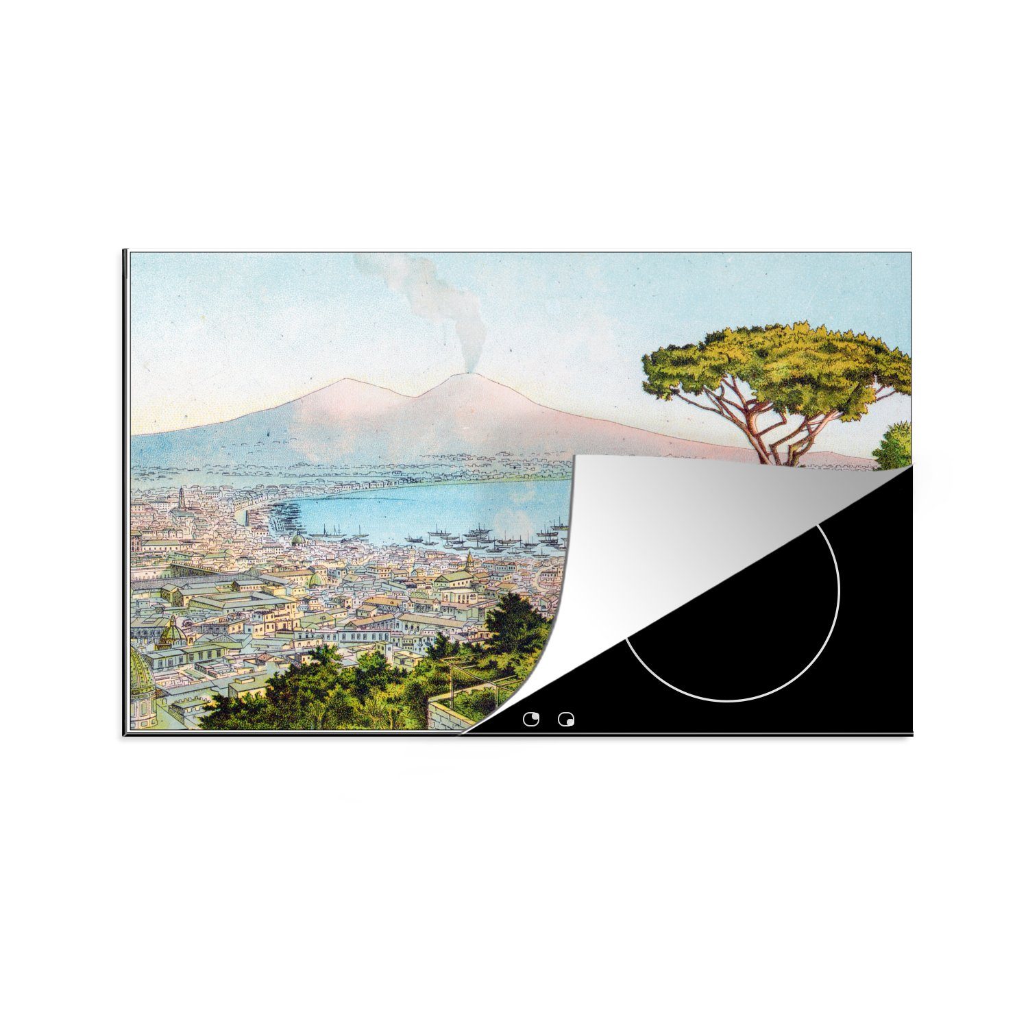 MuchoWow Herdblende-/Abdeckplatte Illustration eines farbenfrohen Luftbilds von Neapel, Vinyl, (1 tlg), 81x52 cm, Induktionskochfeld Schutz für die küche, Ceranfeldabdeckung