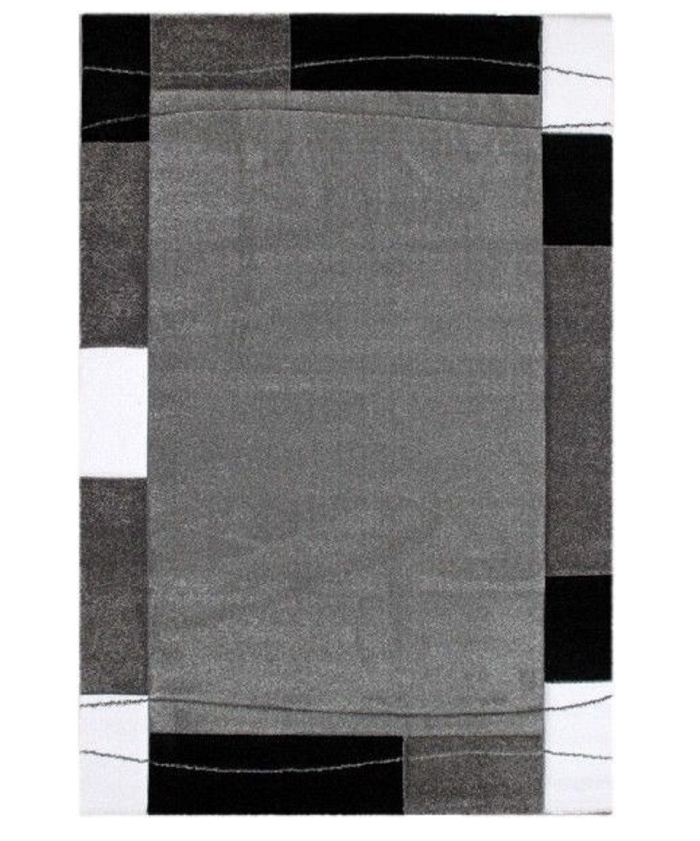 Vimoda Teppich Teppichwohnzimmer Grau Klassiker Kurzflor dicht gewebt, Rechteckig, Höhe: 13 mm, Teppich mit Bordürenmotiv grau weiß schwarz und Konturenschnitt