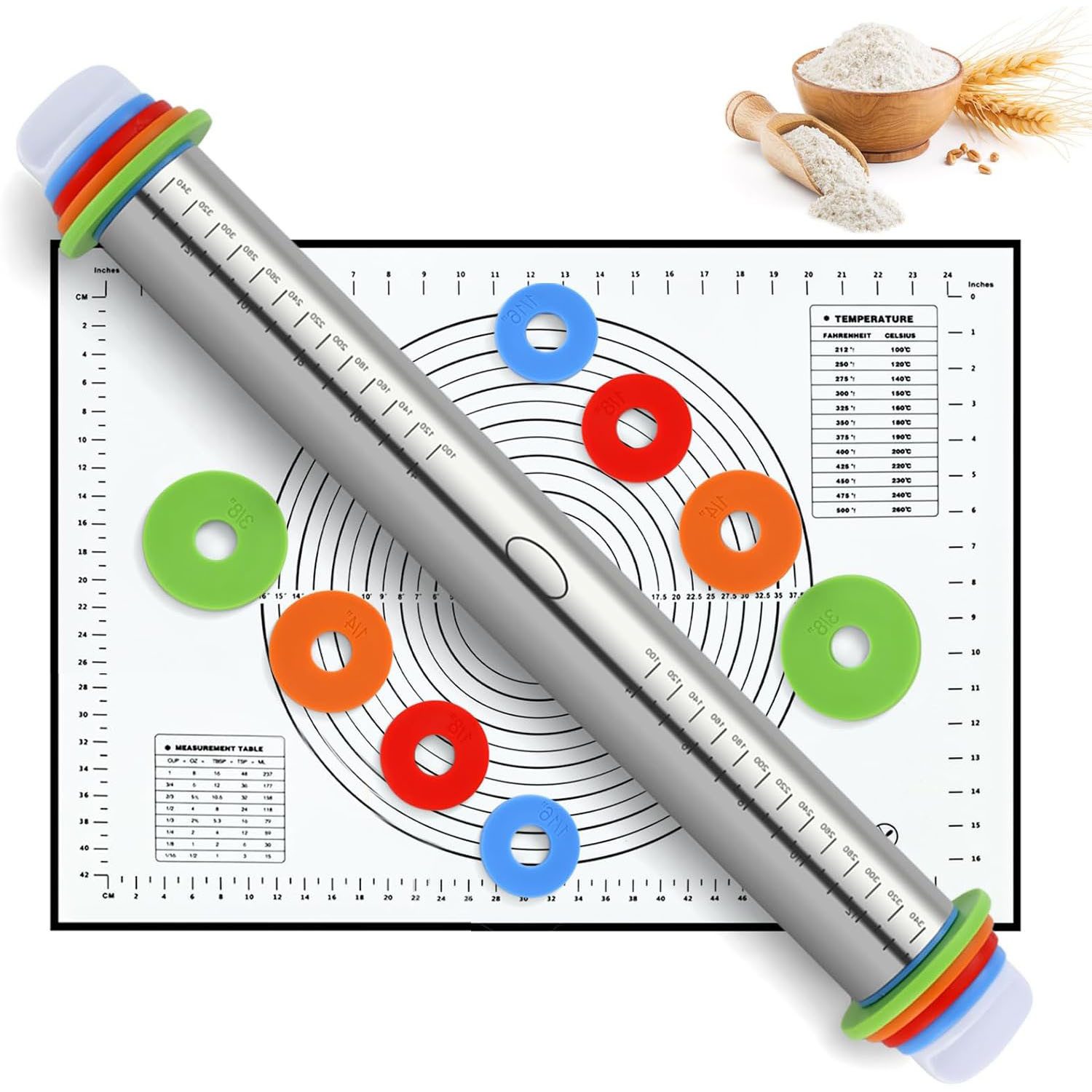 SURFOU Качалки Edelstahl Einstellbares 1 Teigroller 1 Silikon Backmatte, (Dicke Качалки in 4 Größen mit 4 Abnehmbare Abstandshalter), für Pizza Kekse Pfannkuchen Pasta Backen Utensilie