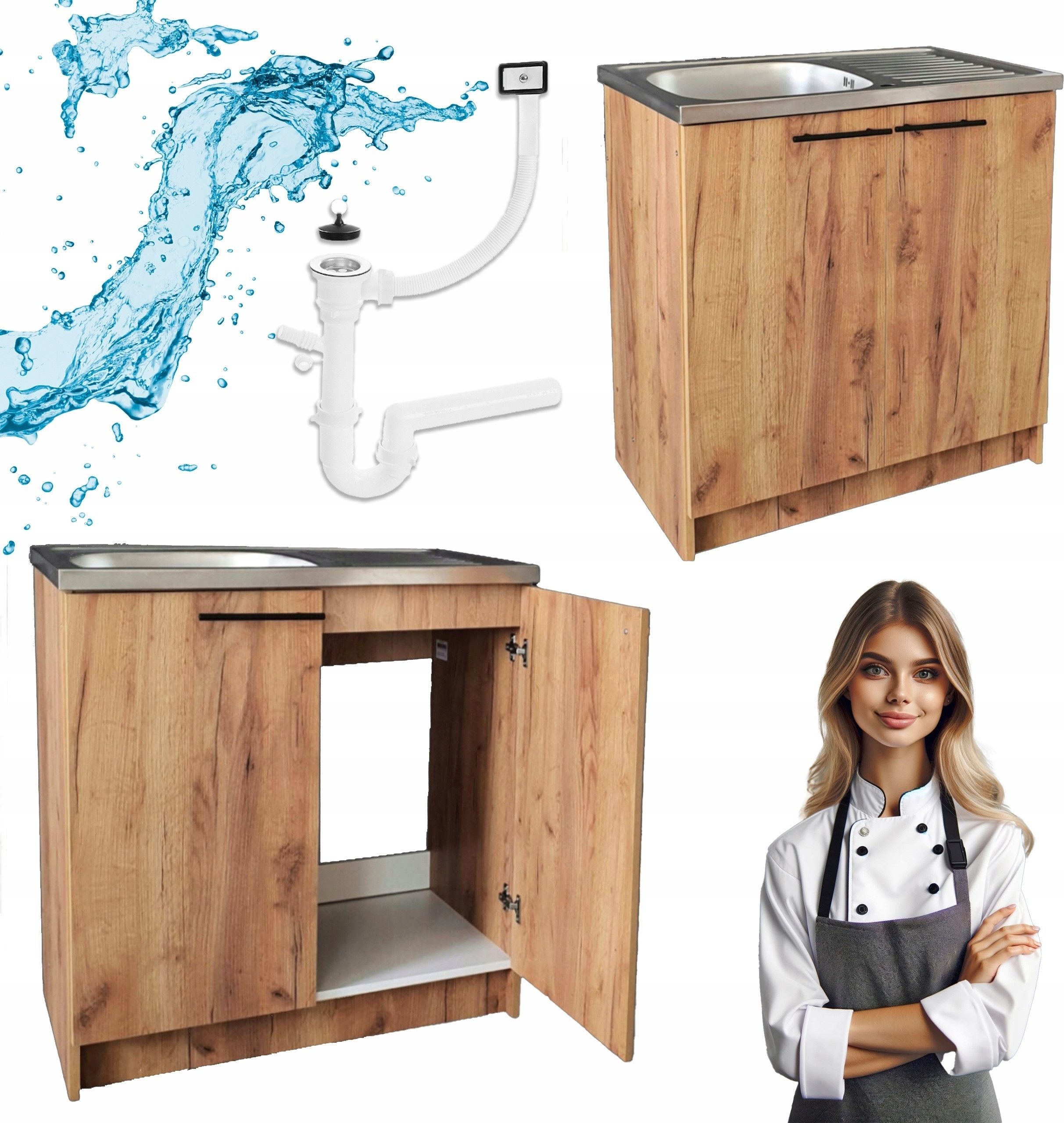 STAMAR Spülenschrank Küchenschrank 80cm Eiche Gold Spüle 80x49 Abtropf Siphon XXL Set Standschrank 49cm Tiefe Geschirrspüler Ohne Armatur Montagefertig
