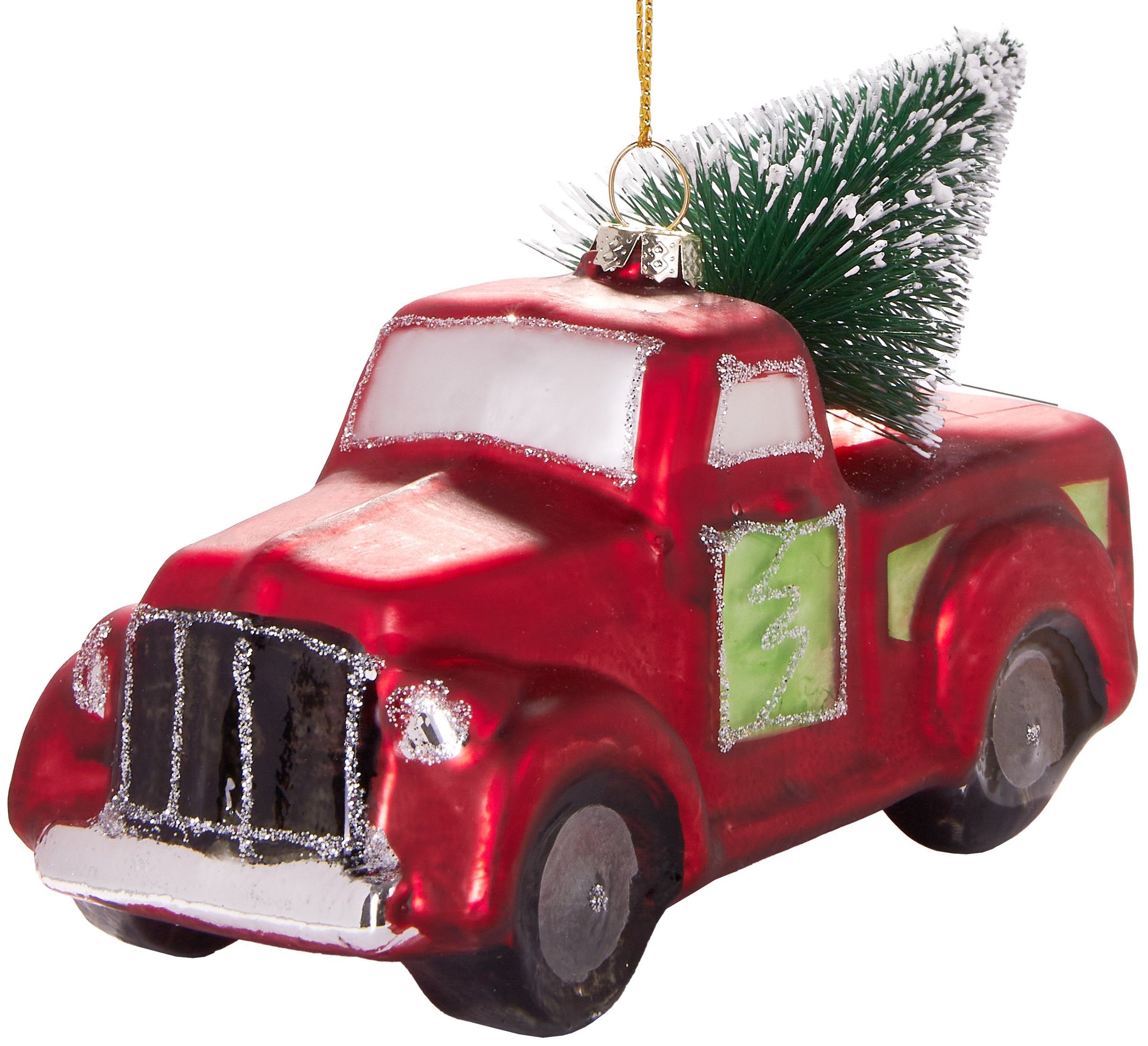 BRUBAKER Christbaumschmuck Kunstvolle Weihnachtskugel Roter Pick-Up mit Baum, mundgeblasene Weihnachtsdekoration aus Glas, handbemalt - ca. 14 cm