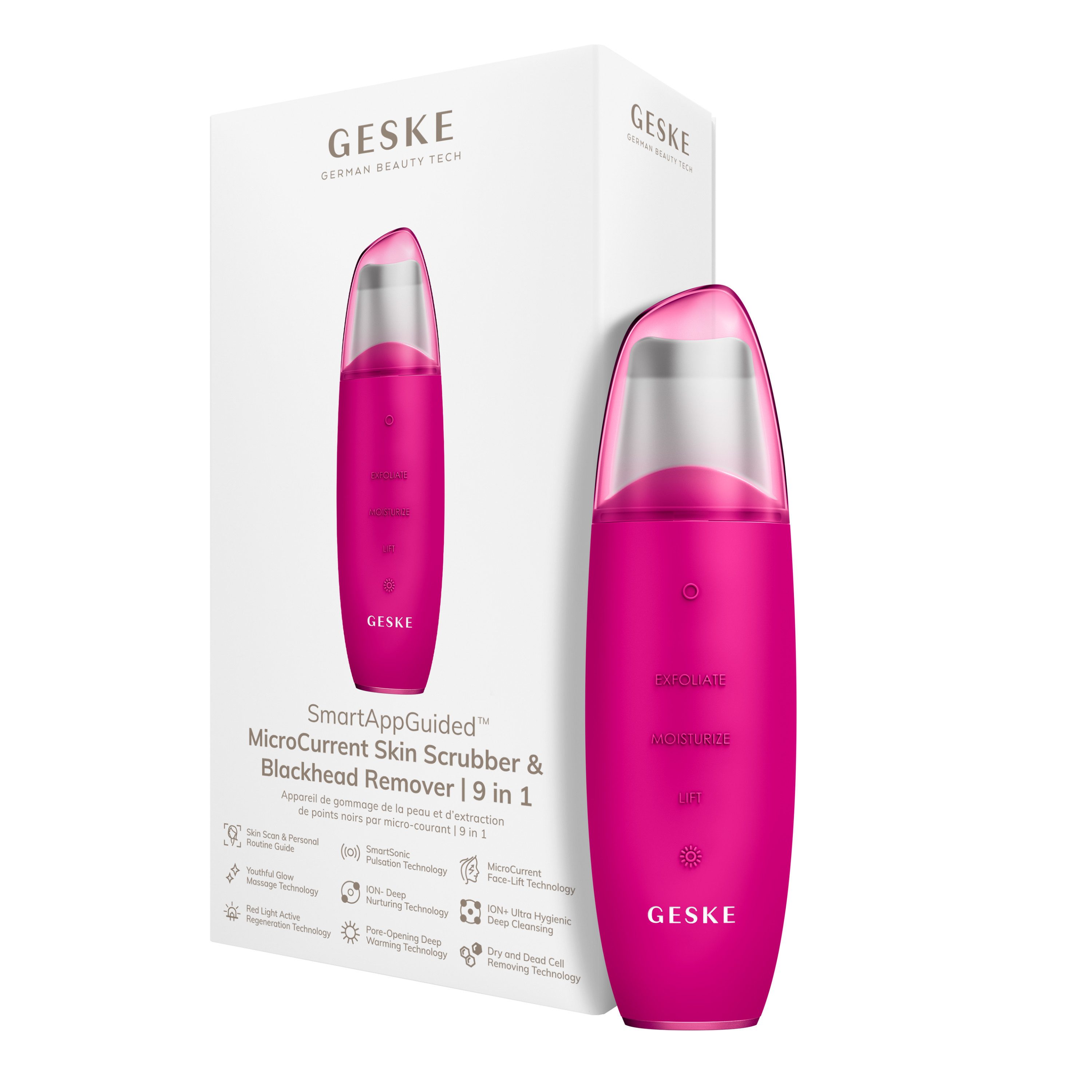 GESKE German Beauty Tech Mitesserentferner SmartAppGuided™ MicroCurrent Skin Scrubber & Blackhead Remover 9 in 1, Packung (Gerät & USB-Ladekabel), 2-tlg., Gerät inkl. kostenloser APP (SmartAppGuided Device), Mit der GESKE App erhältst Du deine personalisierte Hautpflegeroutine.