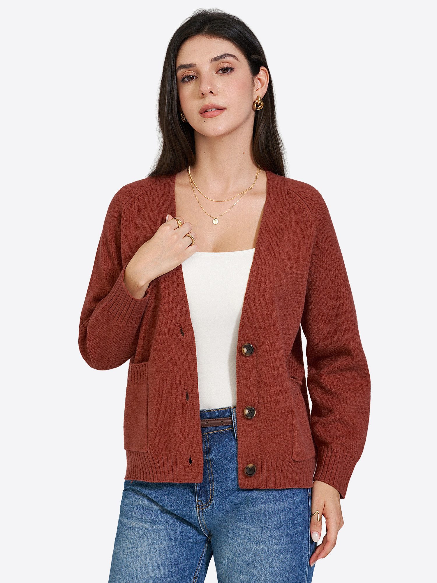 Imily Bela Cardigan Damen V-Neck Strickcardigan mit Taschen (Packung, 1-tlg., 1per-Pack) in Unifarbe