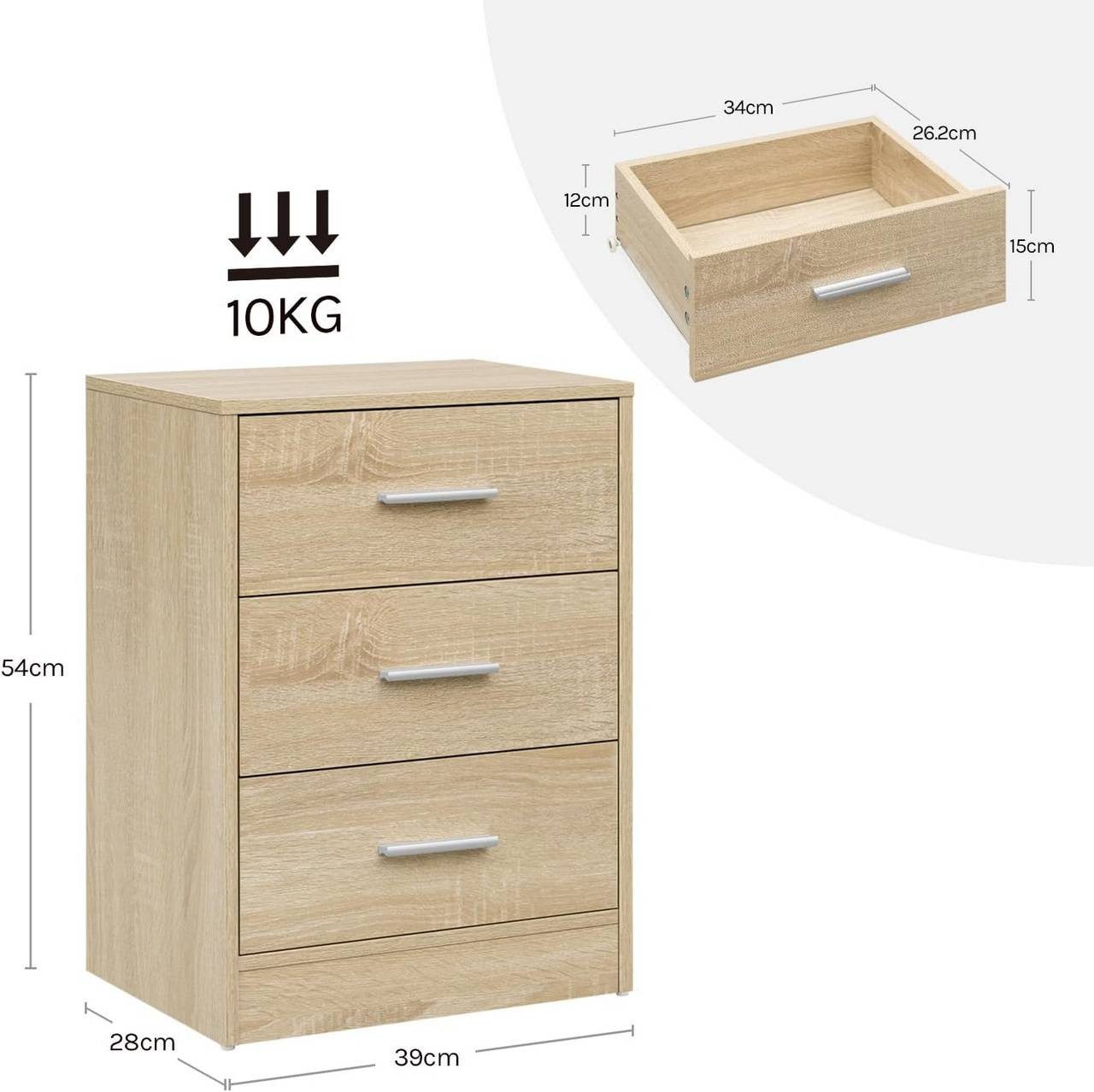 Woltu Nachttisch (2er-Set), Nachtschrank, 2er Set, mit 3 Schubladen, Nachtkommode, 39x54x28cm