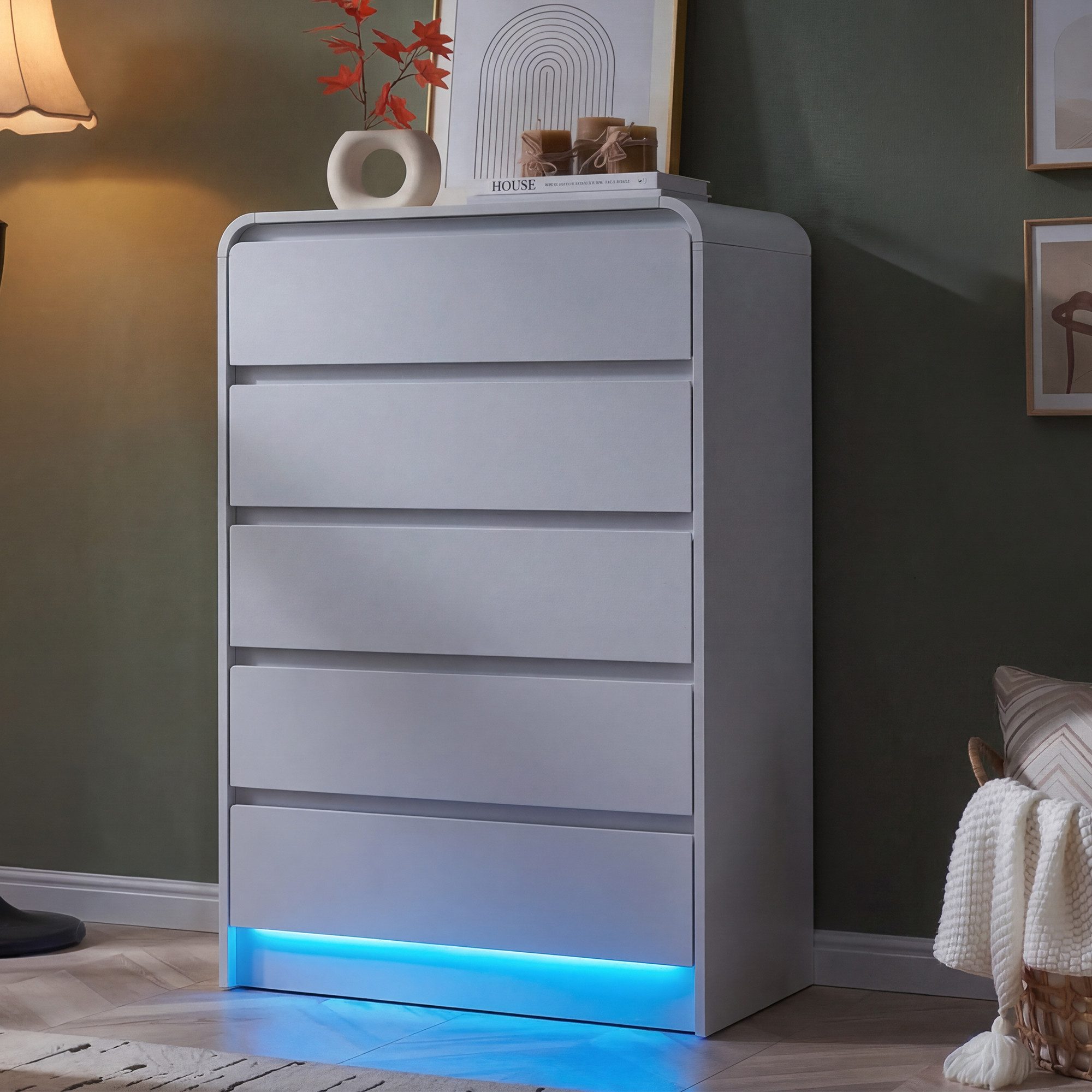 zebery Kommode mit 5 Schubladen, Weiß Holz Sideboard mit LED,Schubladenschrank