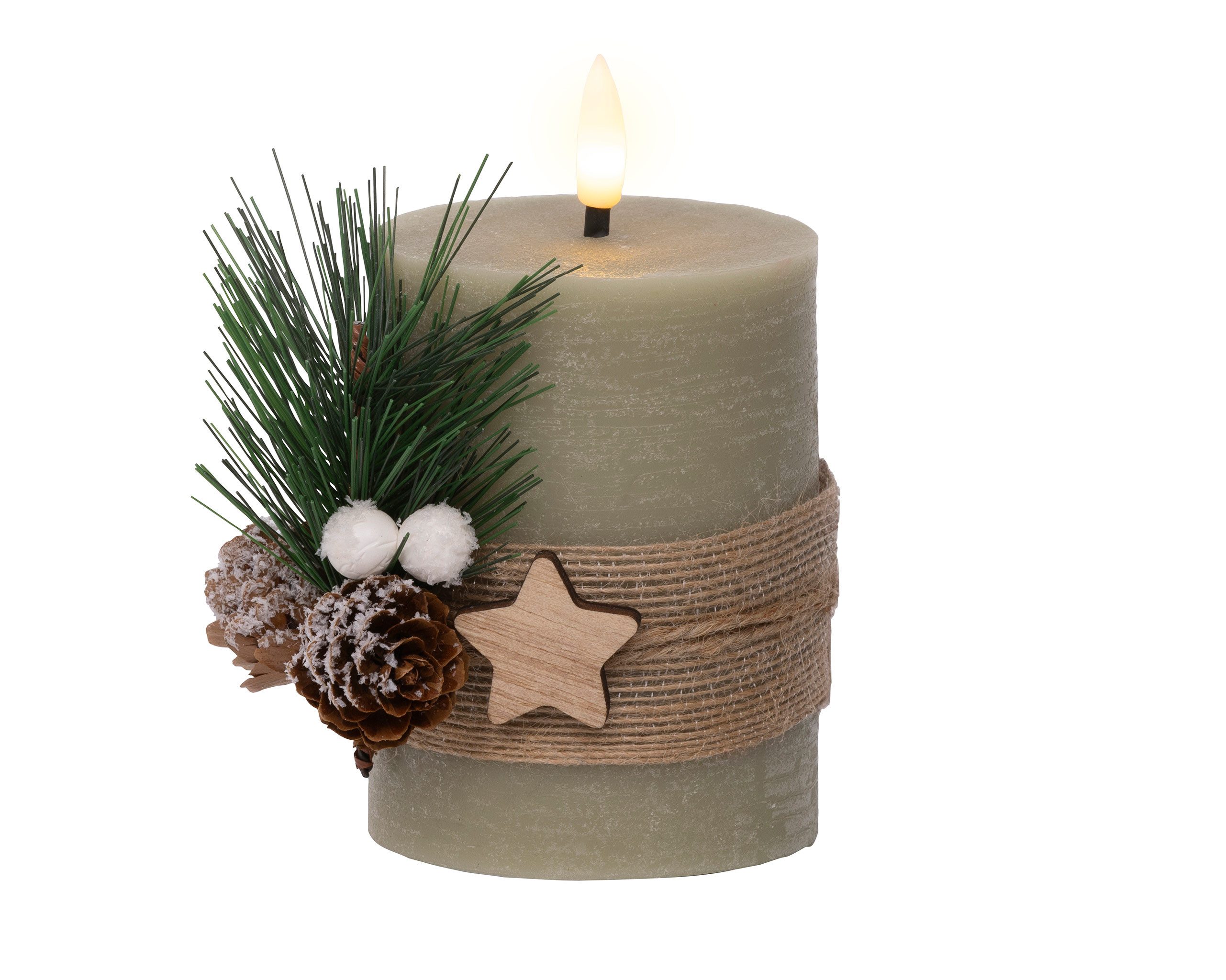 Lumineo LED-Kerze, LED Kerze mit Timer 7,5x13cm Wachs Rustik Grün / Warmwei günstig online kaufen