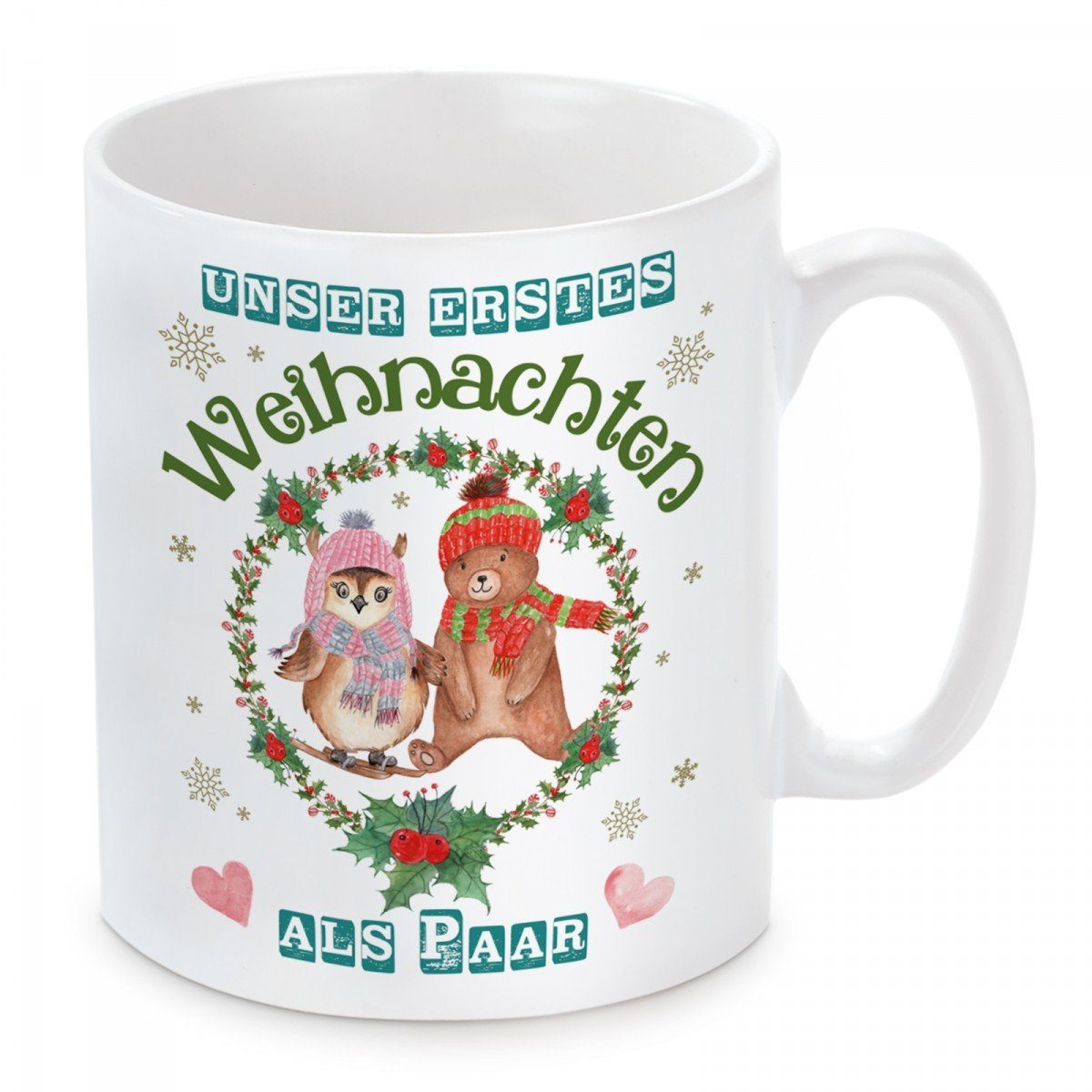 Herzbotschaft Tasse Kaffeebecher mit Motiv Unser erstes Weihnachten als Paar, Keramik, Kaffeetasse spülmaschinenfest und mikrowellengeeignet