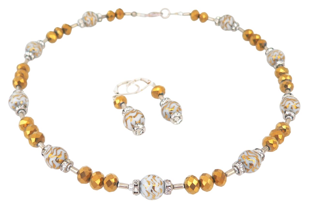 traumschmuck Ohrring und Ketten Set 156f 2er Schmuckset Kette Ohrringe Perlen Glas weiß goldfarben Strass (Geschenk, Muttertag, Weihnachten, Geburtstag, Valentinstag, incl. Schmuckbox), handgefertigt, Made in Germany