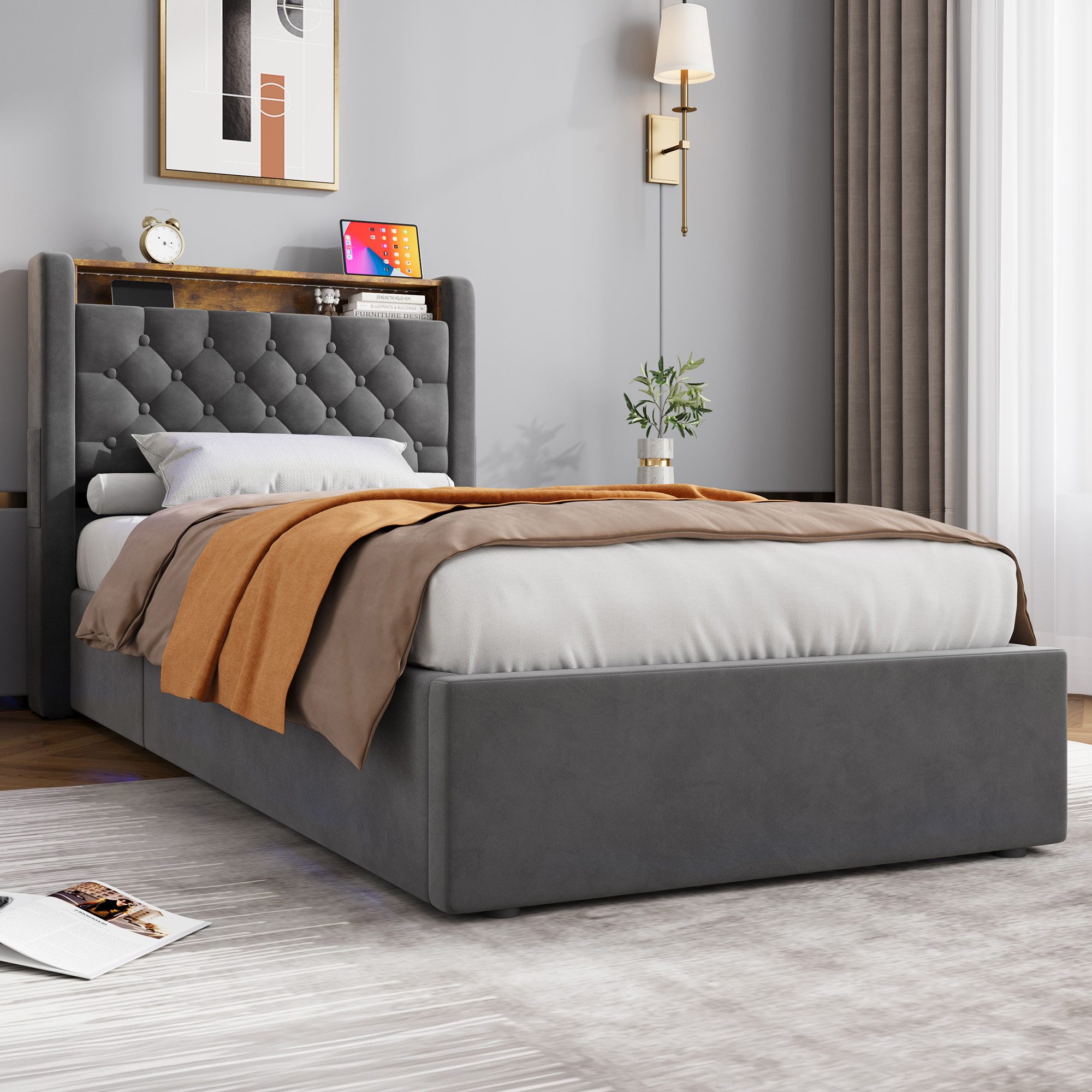 HAUSS SPOLE Polsterbett Stauraumbett Boxspringbett Jugendbett mit Bettkasten & Kopfteil (90×200 Einzelbett Kinderbett mit Stauraum und klappbarem Kopfteil), Bettrahmen ohne Matratze für den täglichen Komfort