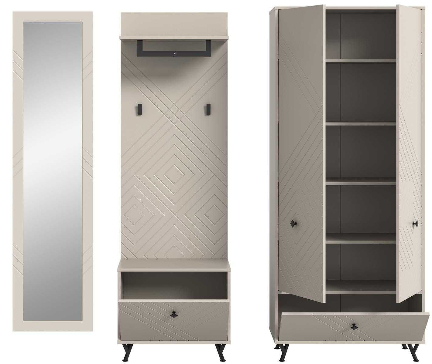 möbelvita Garderoben-Set Memo Garderobenkombination B/H/T 215x190x35 in sandbeige, (1x Spiegel groß, 1x Sitzbank, 1x Paneel, 1x Garderobenschrank), Front mit gefrästen Ornamenten