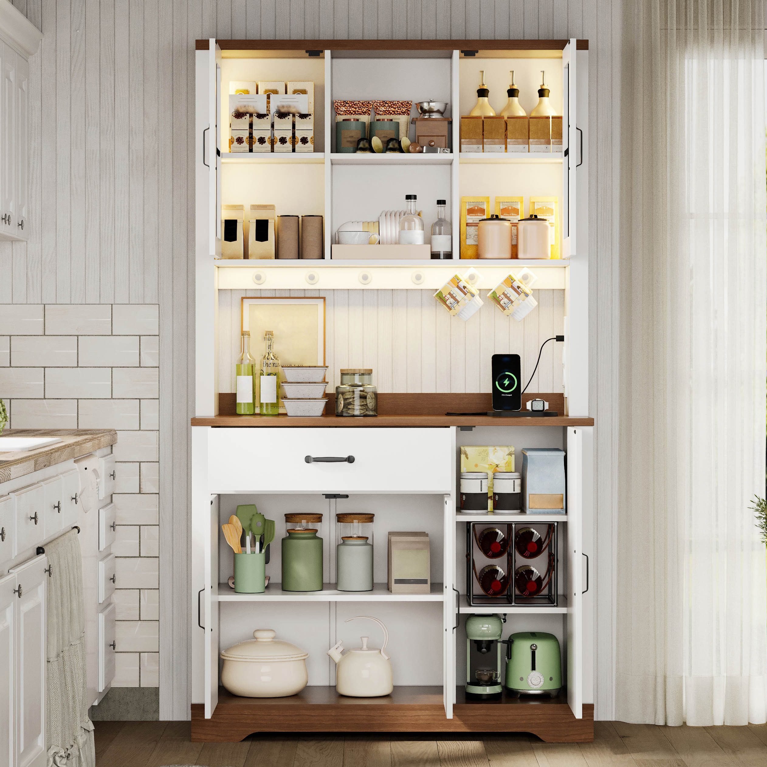 Flieks Küchenbuffet mit Arbeitsplatte in Walnussholzfarbe, Steckdosen und LED-Beleuchtung (1-St., B105/T40/H185 cm) Hochschrank Küchenschrank mit verstellbaren Einlegeböden Weiß