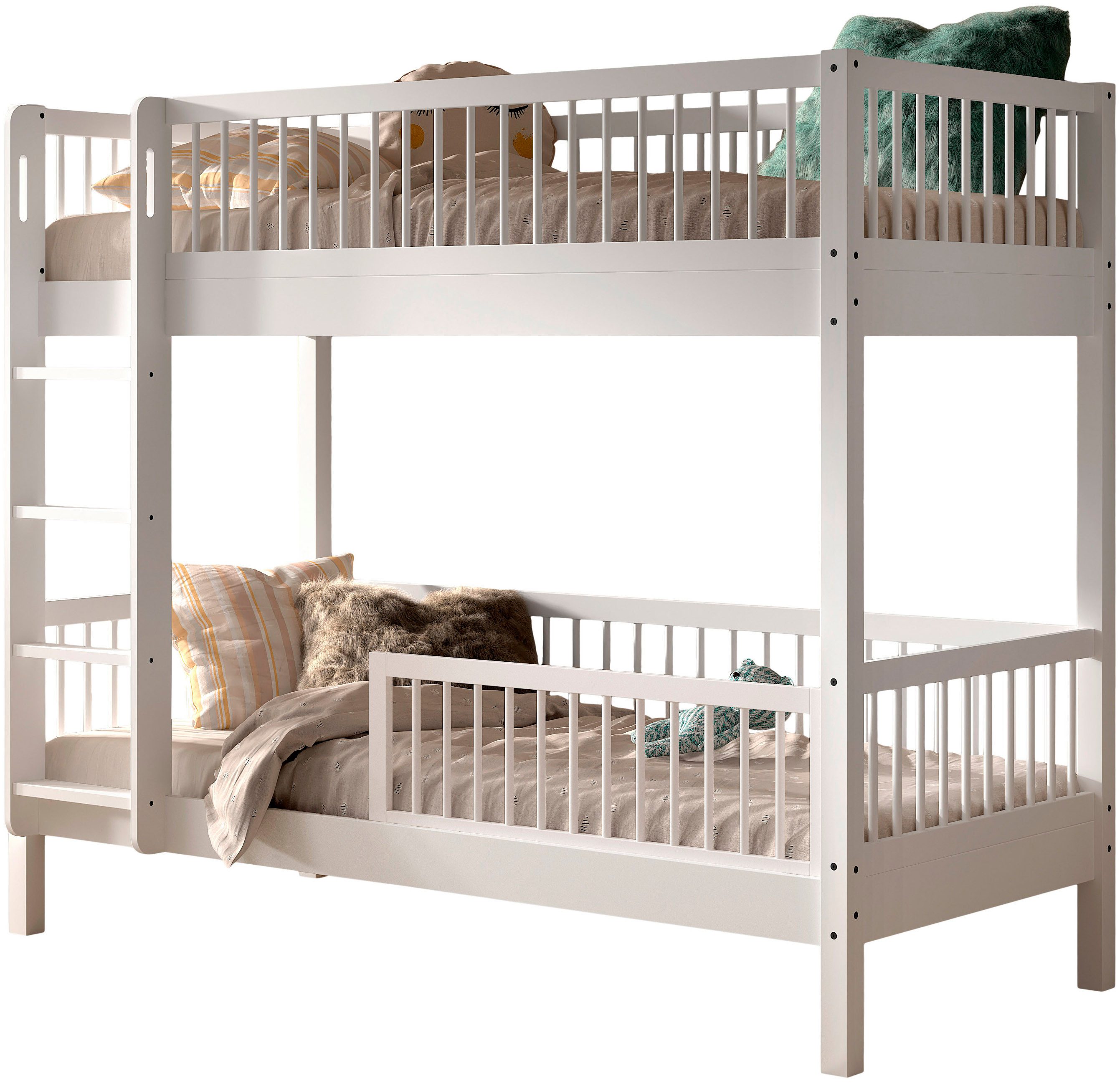 Vipack Etagenbett Buche massiv weiß, Made in Europe, langlebige Qualität (B/H/T ca. 208x176x98cm, Schublade+unterer Rausfallschutz optional), 2 Lattenroste, wahlweise mit oder ohne Bettschublade und Absturzschutz