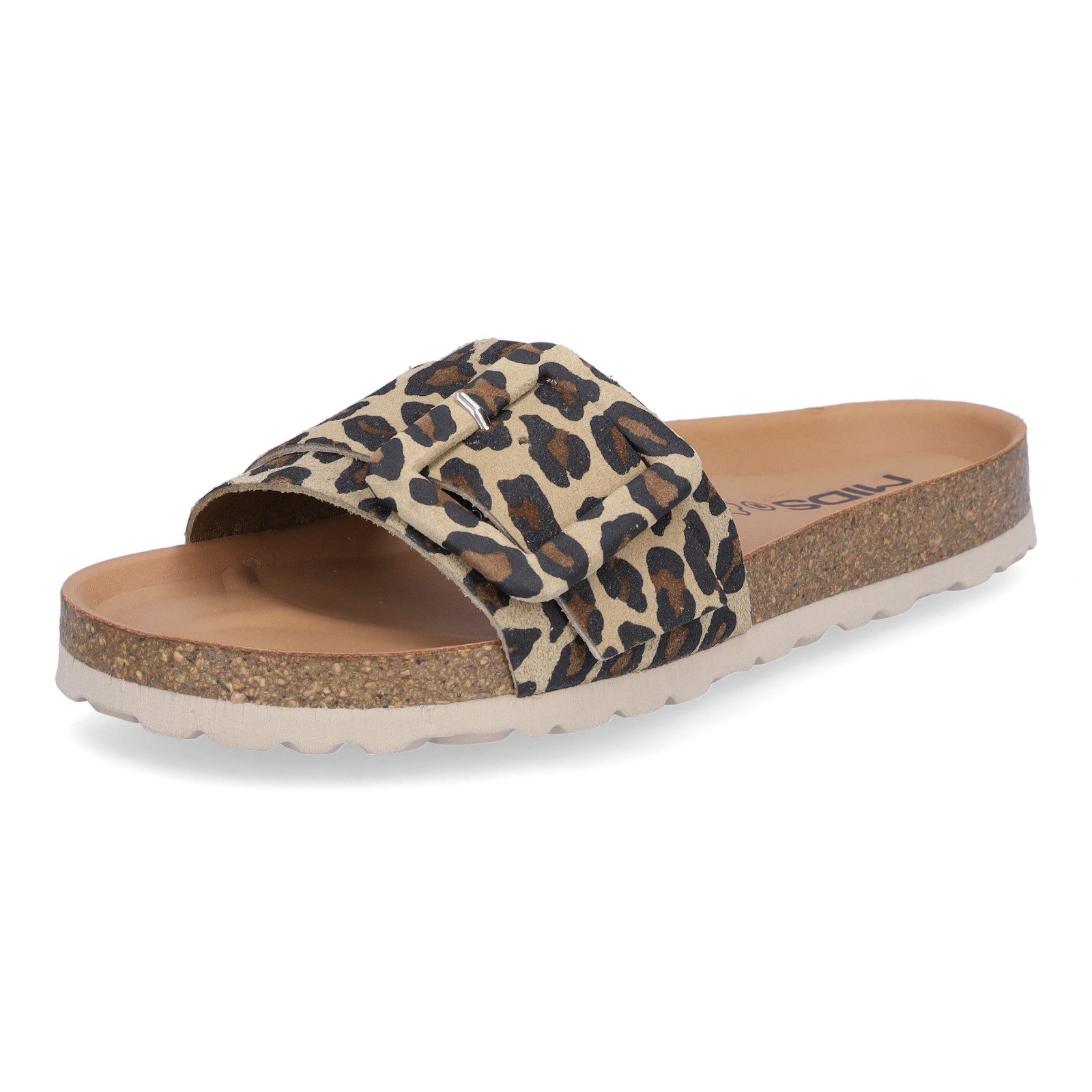 MIDS MINTA Damen Pantolette leo Animalprint, Einriemer mit Lederfußbett, Korksohle & Schnalle