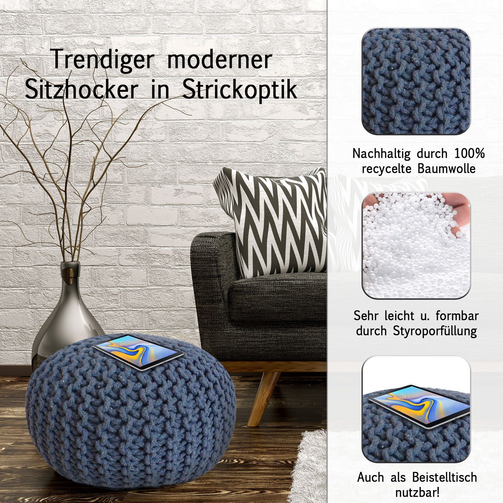 Casamia Pouf Sitzpouf dunkelblau o. Ø nachhaltig Pouf 55 Bodenkissen Strickhocker 45 cm