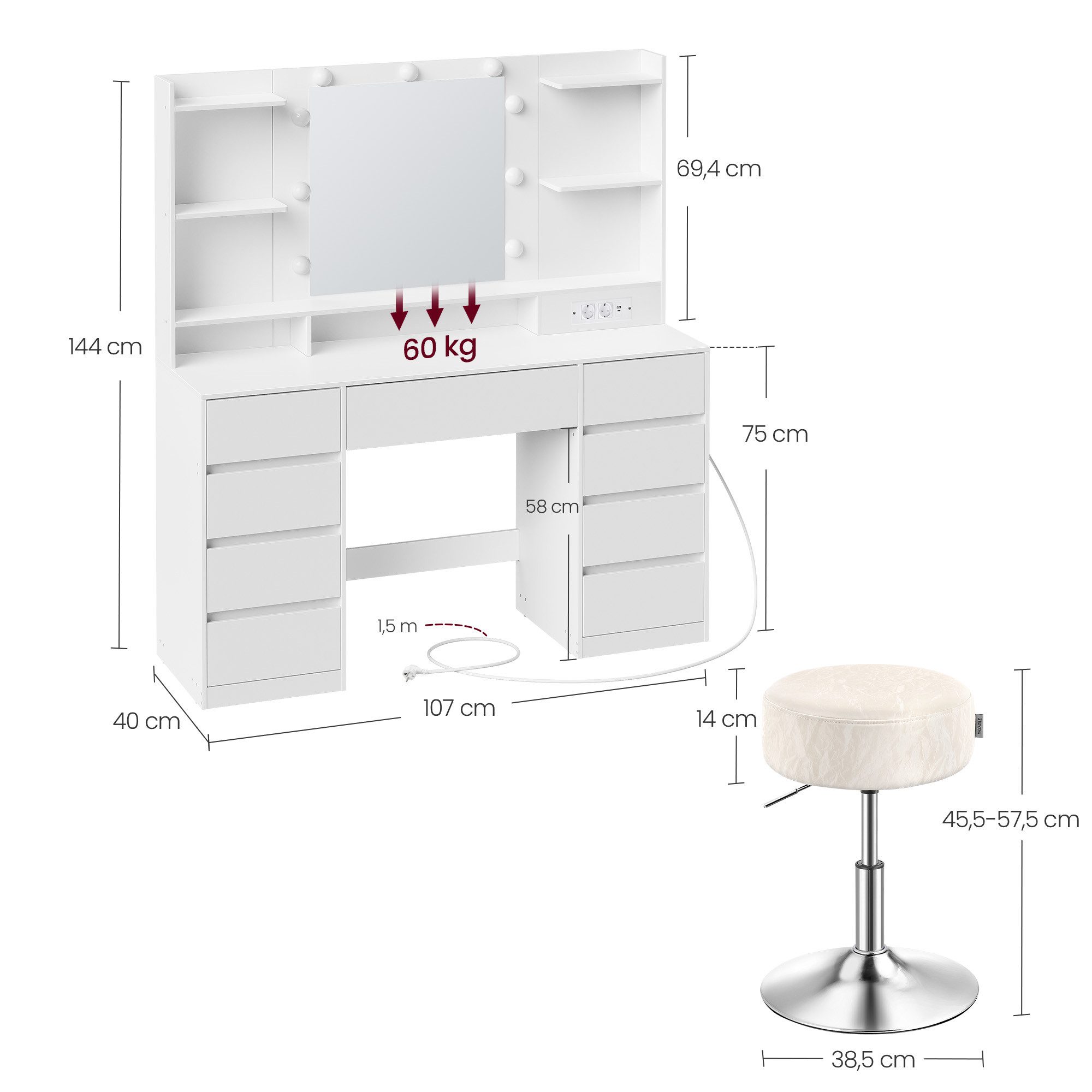 VASAGLE Schminktisch Kosmetiktisch mit Spiegel und 9 dimmbare Glühbirnen, 3 Lichtfarben (1 Tisch mit 1 Hocker), 40 x 107 x 144 cm (T x B x H), 9 Schubladen, müh – Bild 3 von 5