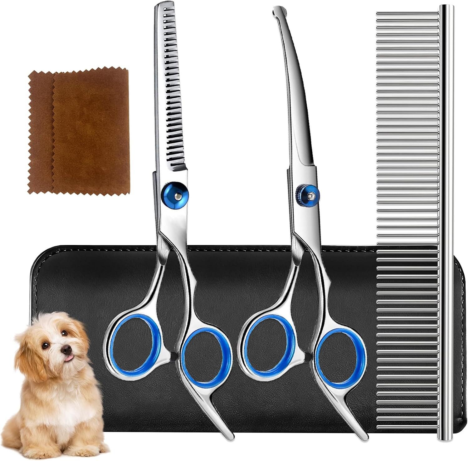 TUWENA Haarschere Hundescheren Set Profi 5-in-1, Haarschere zum Schneiden von Haustier, 5-in-1, Sicherheitsspitzen, Titan-Edelstahl, ergonomisch, langlebig