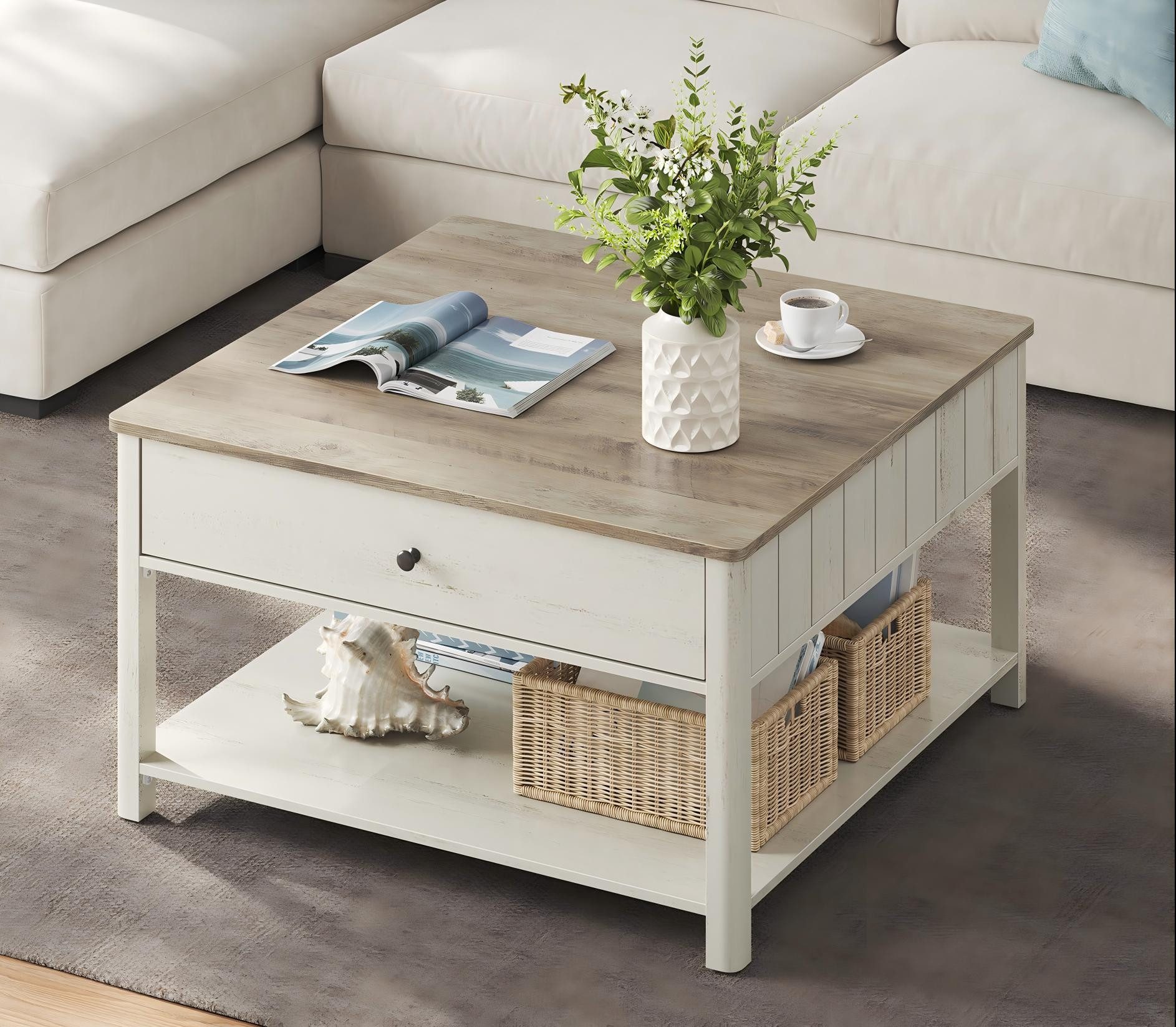 VASAGLE Couchtisch, Wohnzimmertisch, viel Stauraum, 80 x 80 x 45 cm, Küsten günstig online kaufen