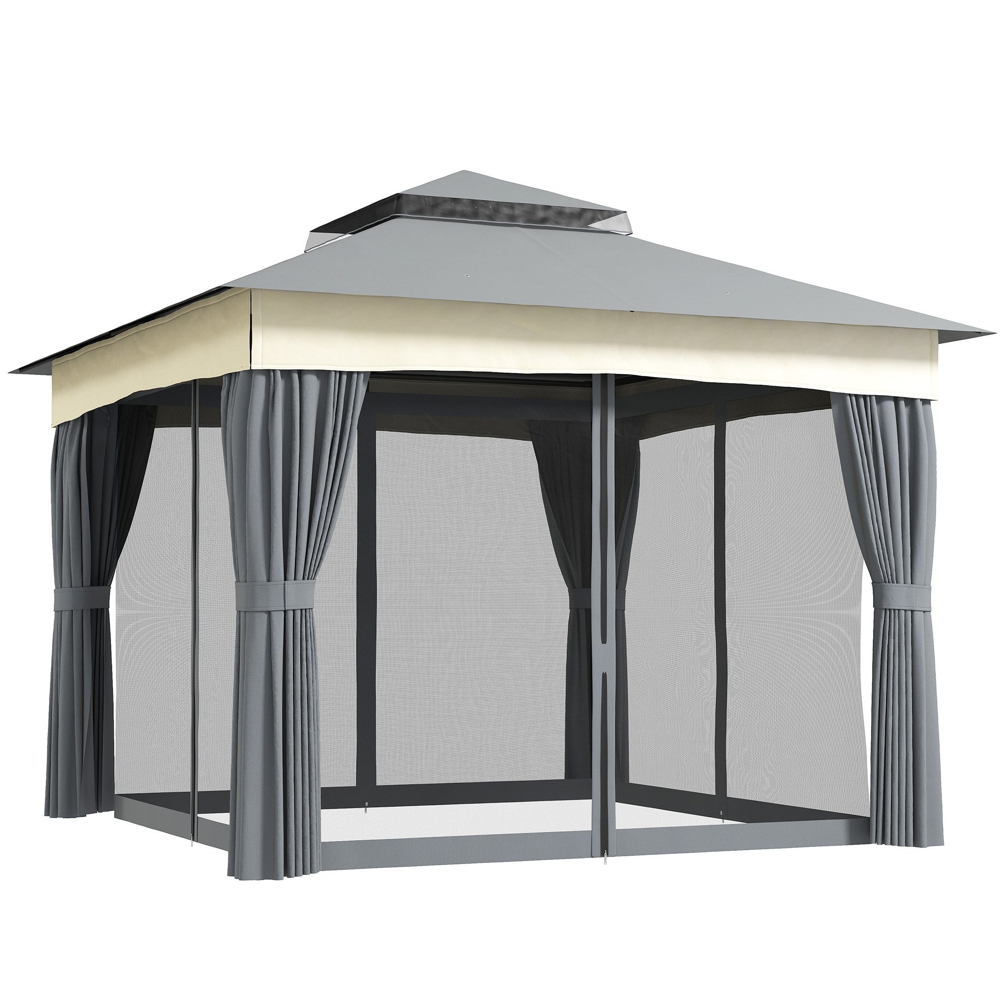 Outsunny Pavillon mit Doppeldach, 3x3 m, mit Moskitonetz, Seitenteile, mit 4 Seitenteilen, (Wasserabweisend Stabil Winterfest Gartenpavillon, Garten-Pavillon), aus Metall, für Garten, Terrasse, Dunkelgrau