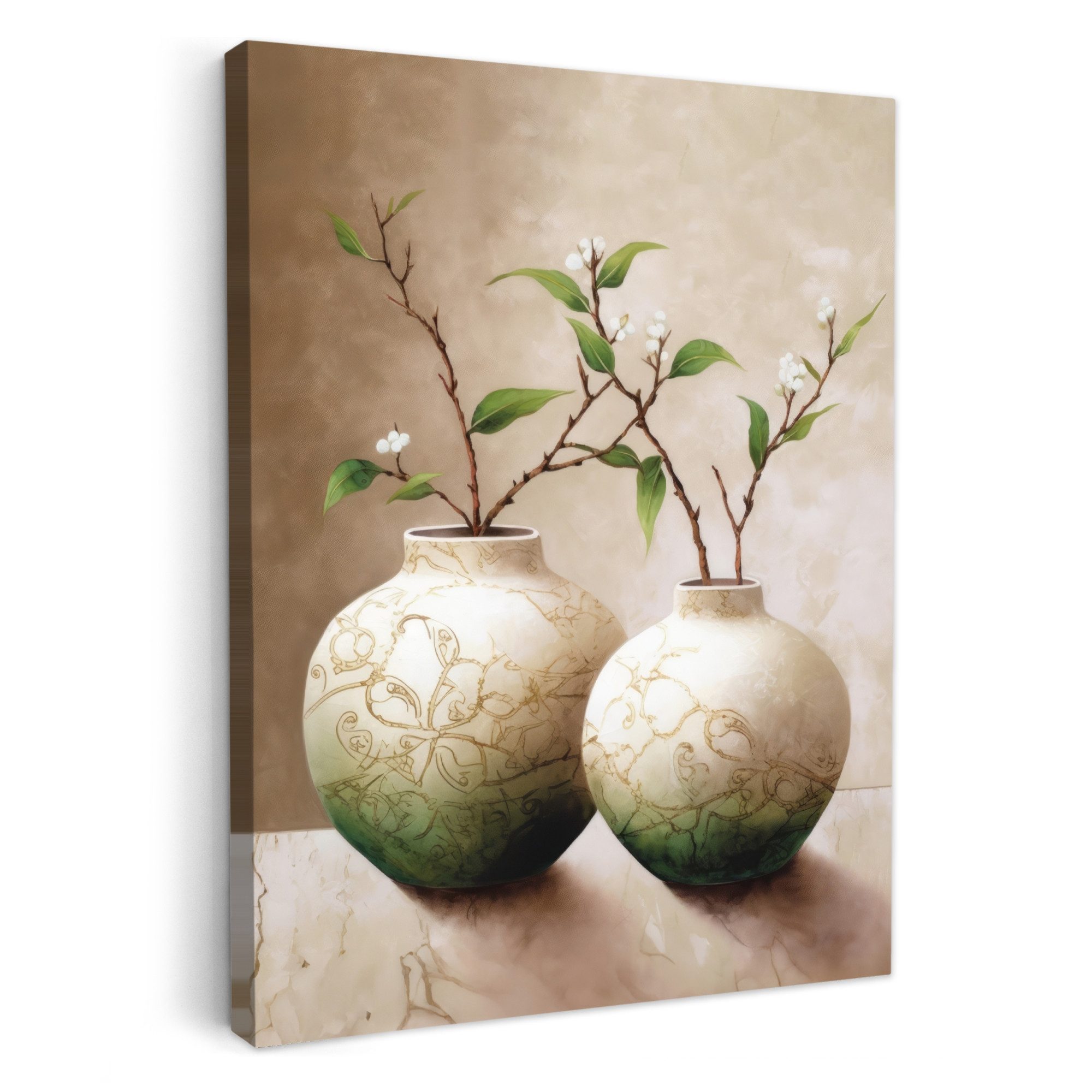 OneMillionCanvasses® Leinwandbild Blumen - Vase - Weiß - Botanisch - Beige, Fotodruck (1 St), Badezimmer Deko, Bilder Bad, Gäste WC Wanddeko 30x40 cm