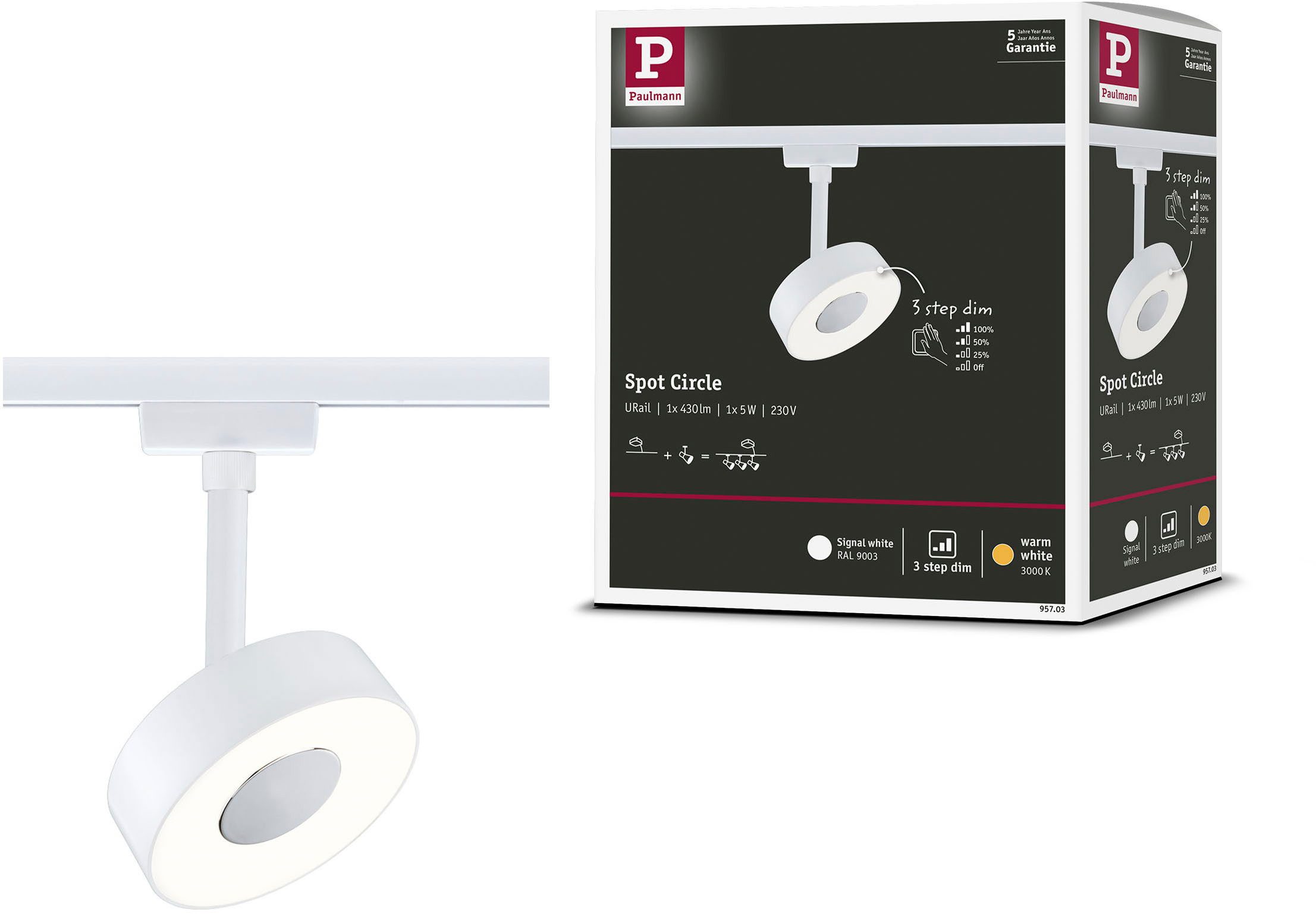 Paulmann Schienensystem-Leuchten URail LED Schienenspot 3-Step-Dim Circle Einzelspot Signalweiß, LED fest integriert, Warmweiß, Memoryfunktion, mehrere Helligkeitsstufen