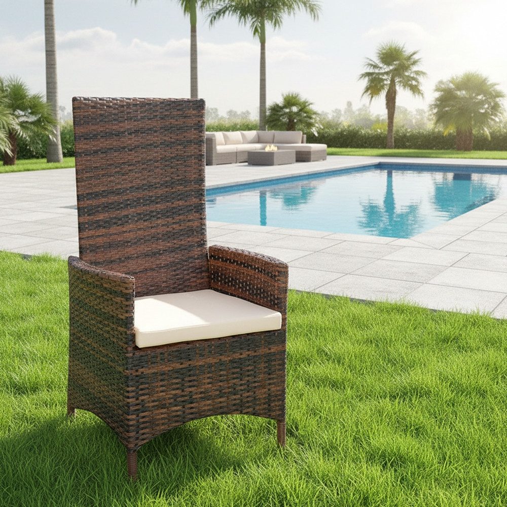 Melko Gartenstuhl Ruhesessel Loungestuhl Sitzmöbel in Braun aus Polyrattan (Stück), Kissen inkl. Reißverschluss, daher abnehm- und waschbar