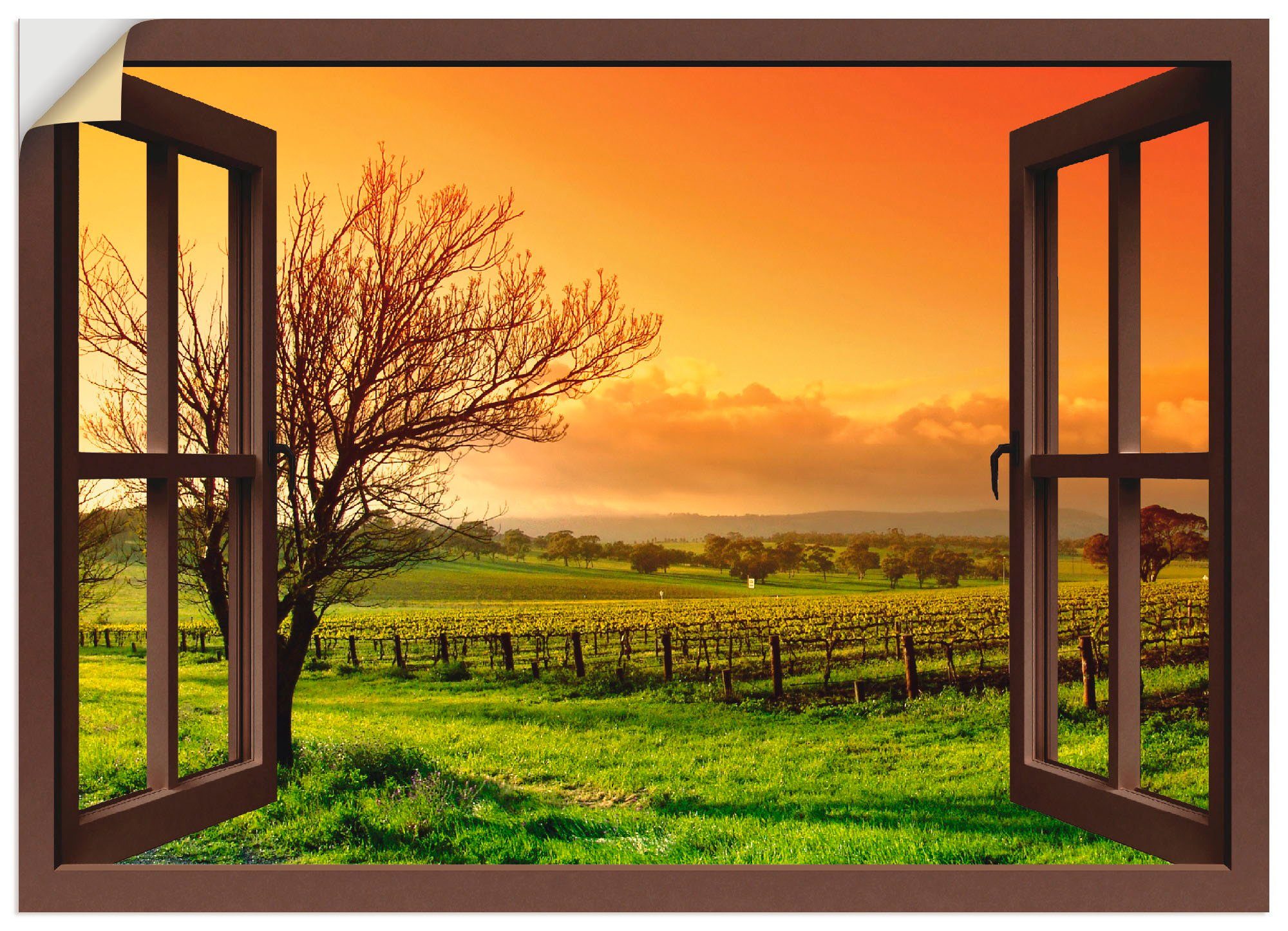 Artland Wandbild Fensterblick - Landschaft mit Weinbergen, Fensterblick (1 St), als Leinwandbild, Wandaufkleber oder Poster in versch. Größen